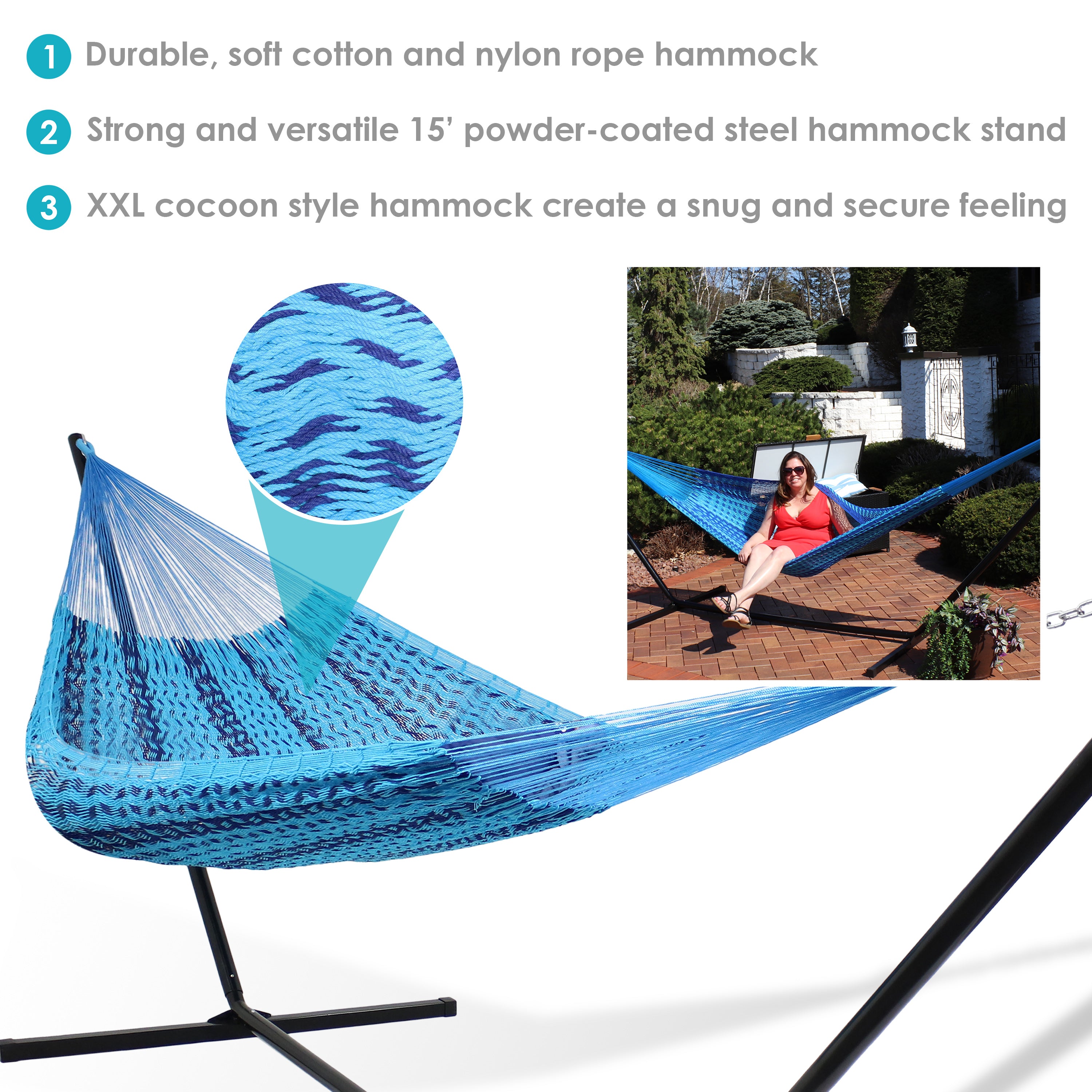 Premium XXL Handwoven Mayan Hammock with 15ft Stand - Extra Thick Cotton Rope for Maximum Comfort - Perfect for Backyard, Patio, Poolside & Outdoor Relaxation