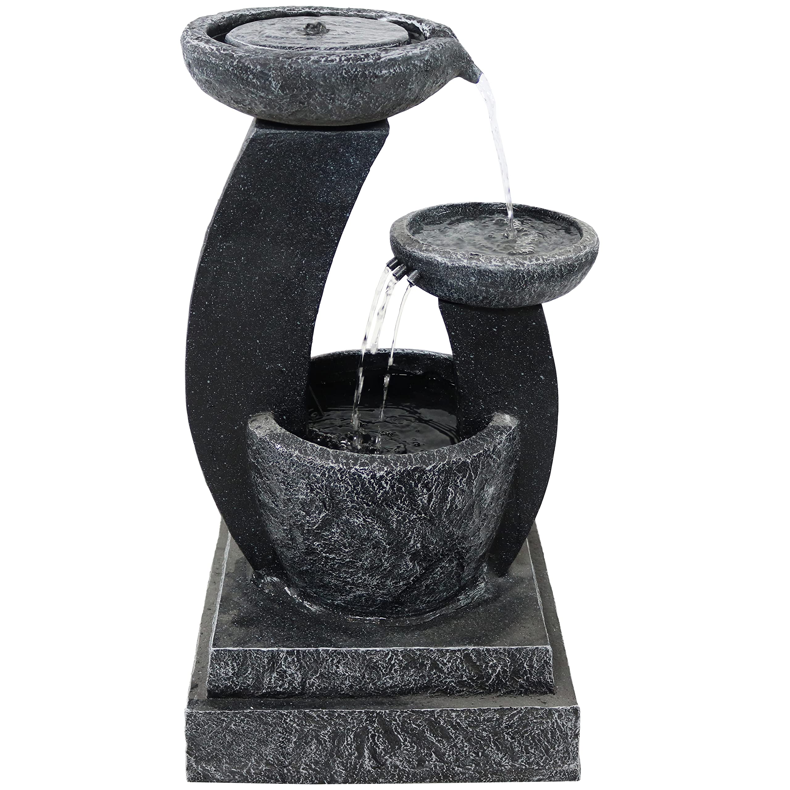 Sunnydaze 28-Inch Modern Solar Water Fountain with Cascading Bowls, Battery Backup & LED Lights - Outdoor Garden Decor, Patio, Yard Feature with Submersible Pump for Relaxing Ambience