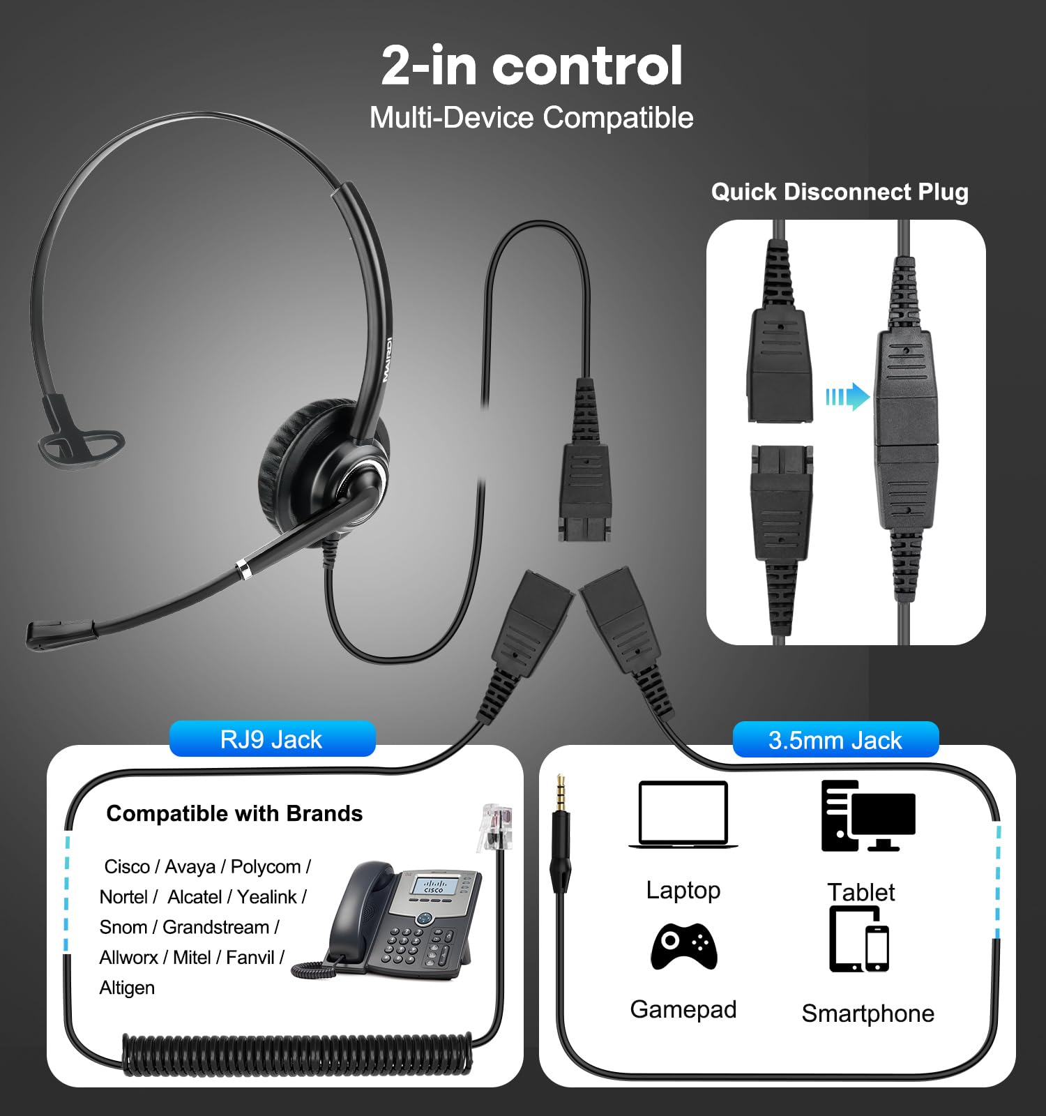 MAIRDI Telephone Headset with RJ9 Jack & 3.5mm Connector - Compatible with Landline Desk Phones, Cell Phones, PC, Laptop - Office Headset with Noise-Canceling Microphone for Call Center & Business Use - Works with Cisco Phones 7941, 7965, 6941, 7861, 8811 - Ideal for Remote Work, Customer Service & Teleconferencing