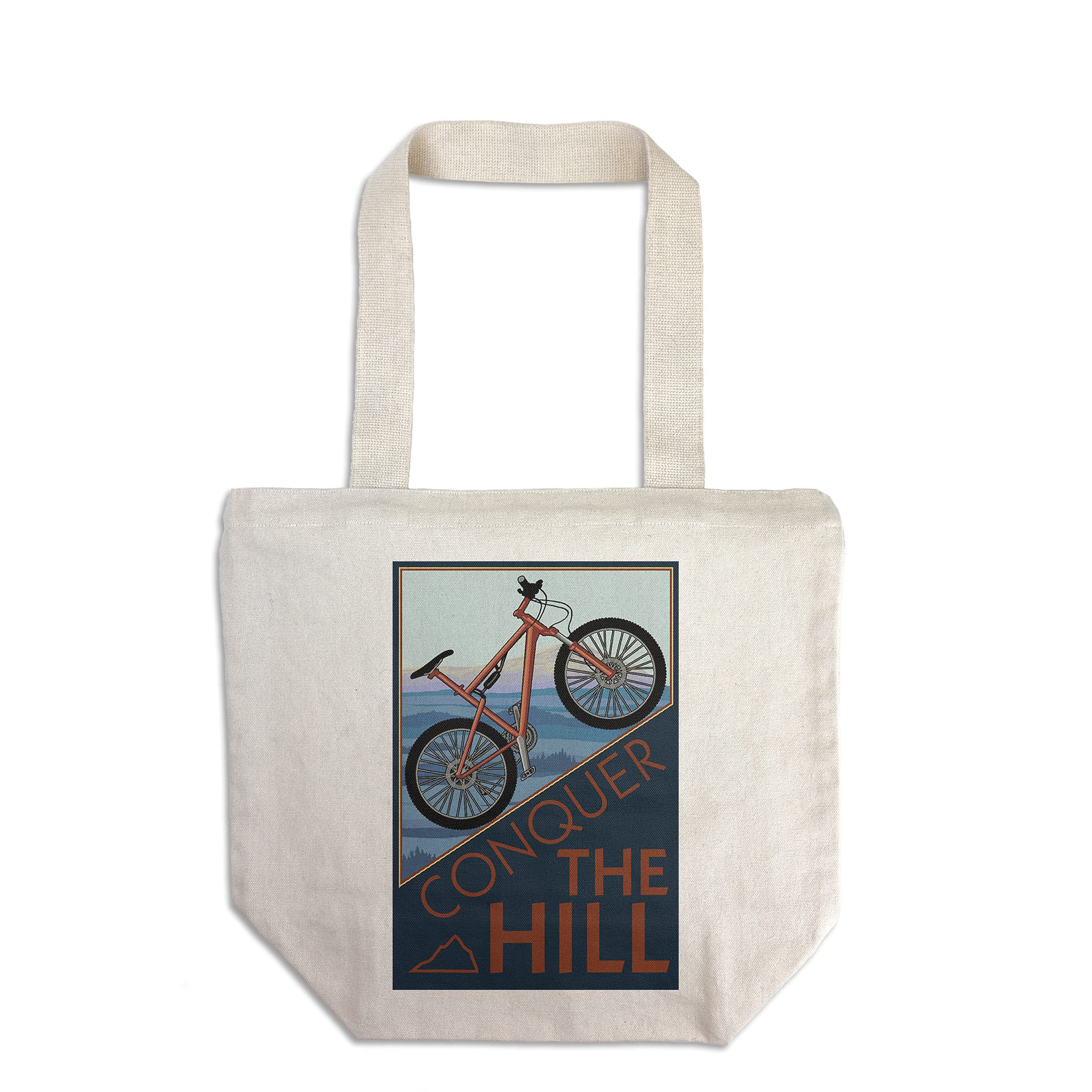 Lantern Press Conquer The Hill Mountain Bike Design - 100% Cotton Canvas Reusable Tote Bag for Shopping, Beach & Outdoor Adventures