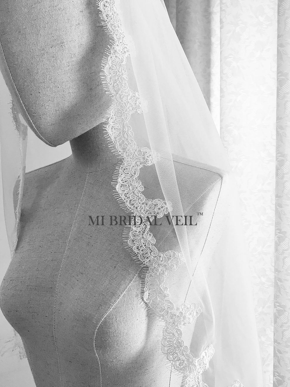Elegant Lace Wedding Veil with Small Eyelash Trim - Fingertip Length Single Tier Bridal Veil for Romantic Ceremonies & Photo Shoots | Mi Bridal Collection