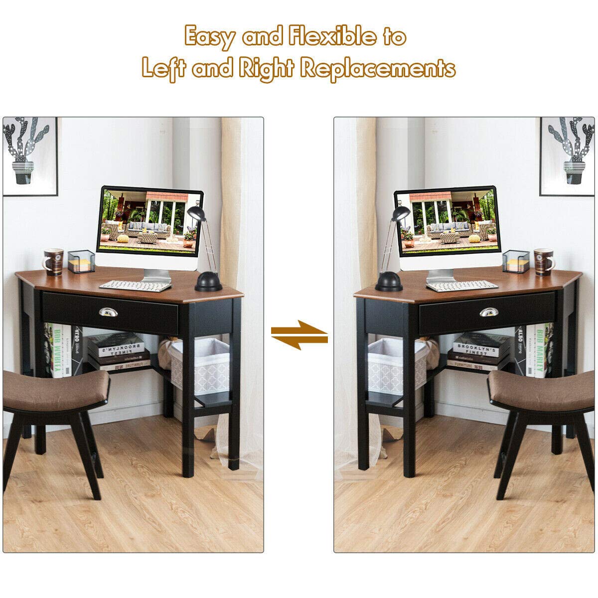 Compact Corner Desk for Home Office - 90° Triangle Computer & Laptop Writing Desk with Storage Shelf & Drawer - Space-Saving Small Office Furniture for Apartments & Dorm Rooms (Coffee Finish)
