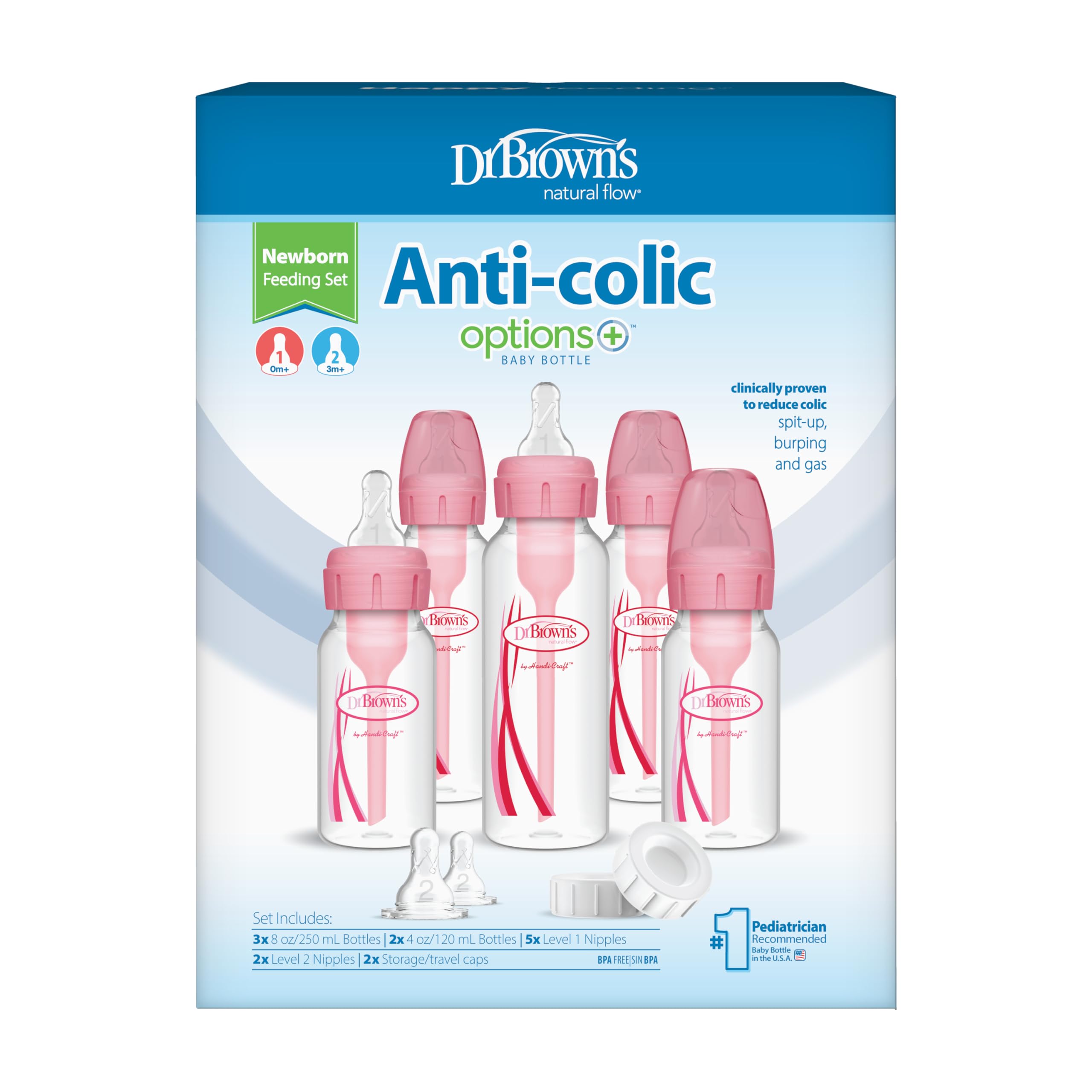 Dr. Brown's Options+ Anti-Colic Baby Bottle Set - 4oz Slow Flow Newborn Bottles with HappyPaci & Natural Flow Nipples - Pink Gift Set for Breastfed Babies | Perfect for Feeding, Travel & Reducing Colic