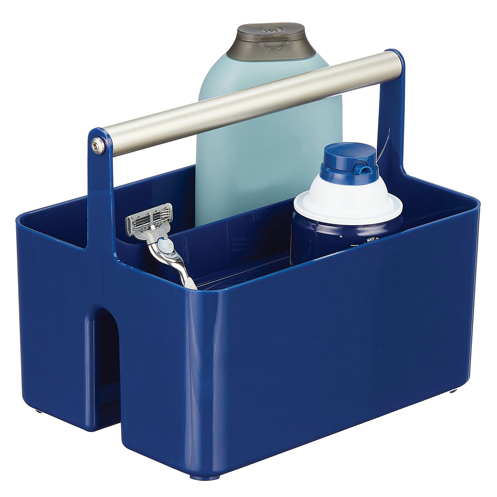 mDesign Plastic Shower Caddy Organizer with Metal Handle - Bathroom Storage Basket for Soap, Shampoo & Conditioner - Navy Blue/Satin Aura Collection - Perfect for Dorm, Kitchen & Bath Organization