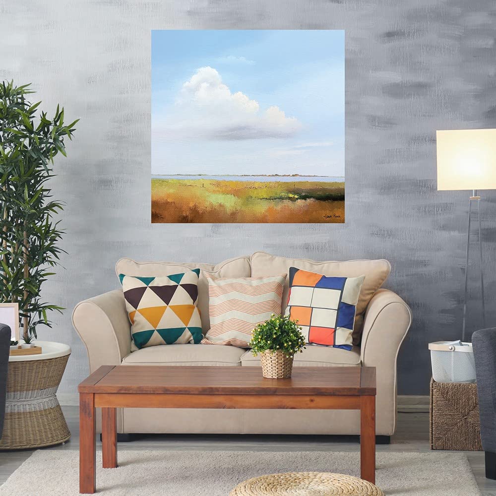 Clouds Above the Lake Light Canvas Wall Art - Hand Painted Fine Art by Hans Paus - 22x22 Inches - Ready to Hang - Perfect for Living Room, Bedroom, Office & More - Home Decor, Housewarming Gift, Modern Wall Art for Interior Design