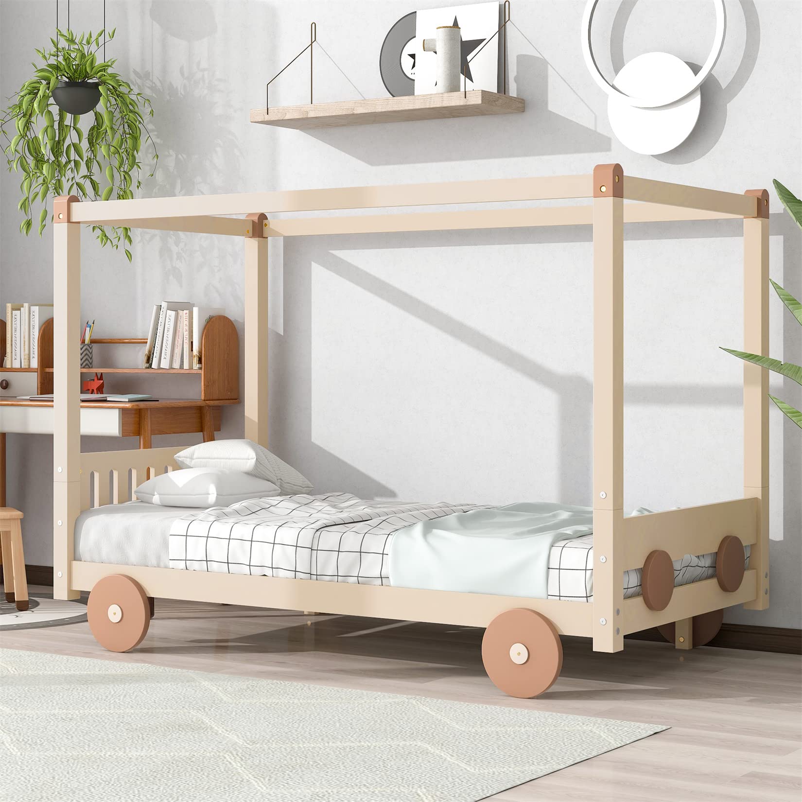 Twin Canopy Bed Car-Shaped Wooden Platform Bed Frame for Boys & Girls – Low-Profile Design with Slat Support – Perfect for Kids, Toddlers & Juniors Bedrooms (Natural Finish) – Ideal for Themed Bedrooms, Playrooms & Sleepovers