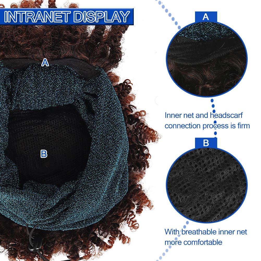 Asiaide Short Afro Kinky Curly Wigs for Black Women - Synthetic Headband Wig with Bangs & Attached Turban - Drawstring High Puff Brown Curly Wig for Everyday Wear, Cosplay & Special Occasions