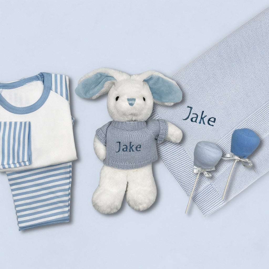 Personalized Baby Bunny Sleepy Time Hamper - Soft Blue Baby Bathrobe for Newborn to 12 Months | Cozy Nursery Essential for Bedtime & Bath Time