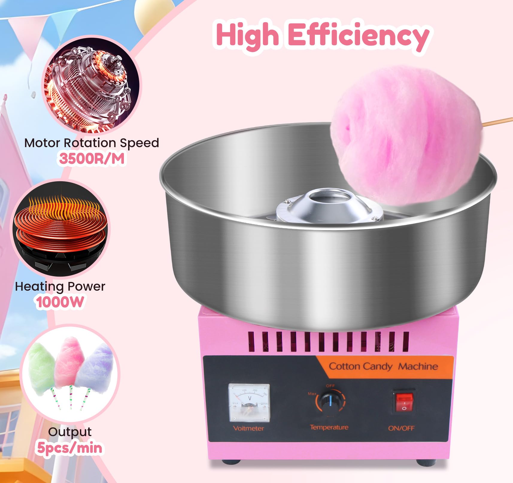 Commercial Cotton Candy Machine 1000W - Electric Candy Floss Maker with Stainless Steel Bowl & Sugar Scoop - Perfect for Kids Birthday Parties, Carnival Events, and Family Gatherings (Pink)