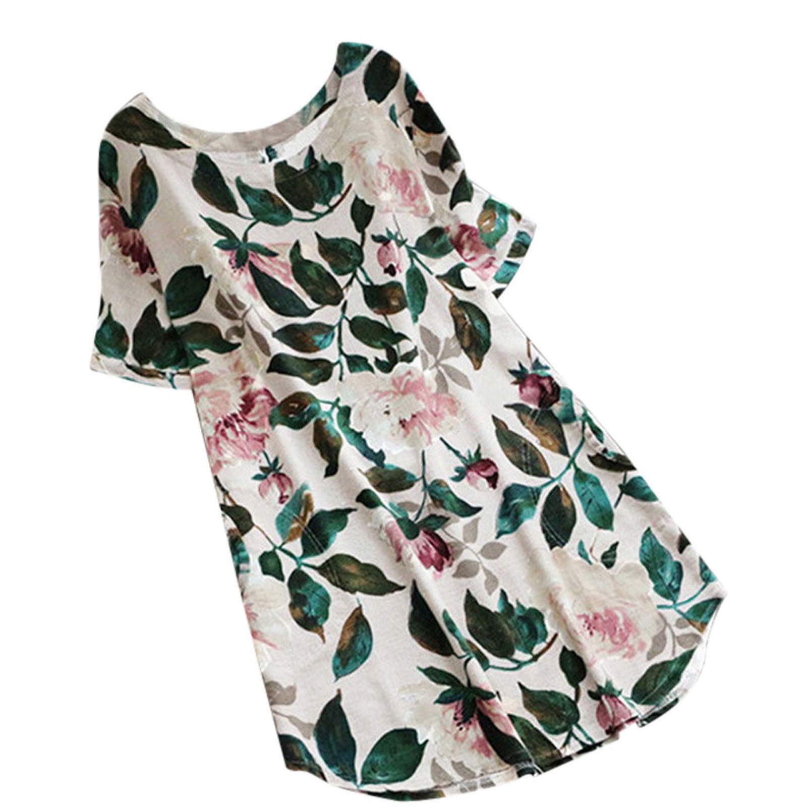 Women's Floral Print Short-Sleeve Blouse - Cotton Blend Fitted T-Shirt with Leaf Design (White, Small) | Casual Summer Top for Work, Date & Vacation