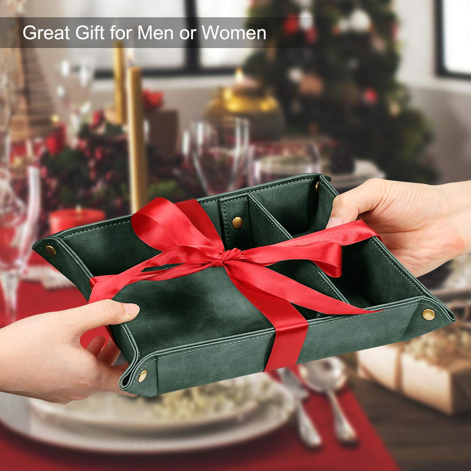 SITHON Valet Tray - 2 Compartment Desktop Organizer with Removable Dividers | Nightstand Catchall Tray for Jewelry, Keys & Essentials | Dark Green Storage Plate for Bedroom, Office & Vanity