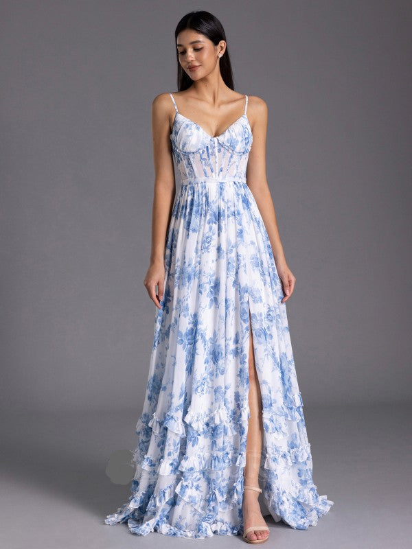 Elegant Floor-Length Blue Floral Bridesmaid Dress with Corset & Ruffles - Perfect for Weddings, Formal Events & Special Occasions