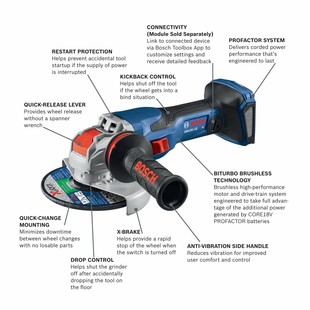 BOSCH GWX18V-13CN PROFACTOR™ 18V X-Lock Cordless Angle Grinder - 5-6 Inch Slide Switch Bare Tool for Metal Cutting, Concrete Grinding & DIY Projects