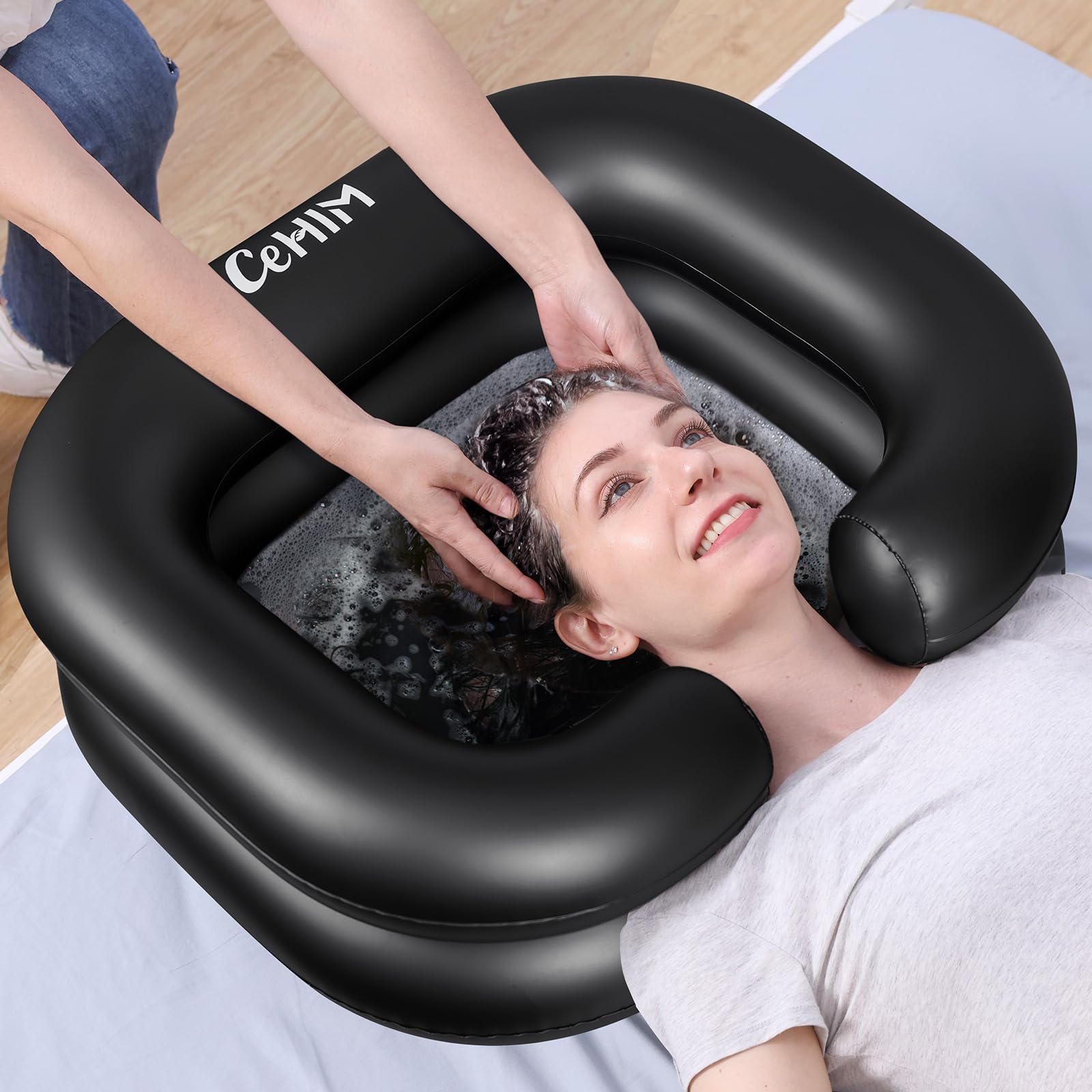 **Portable Inflatable Shampoo Basin for Hair Washing - Lightweight & Adjustable Shampoo Bowl for Bedridden, Disabled, or Injured Patients - Perfect for Dreadlocks, Home Sink, Salon, and Travel Use (Black)**