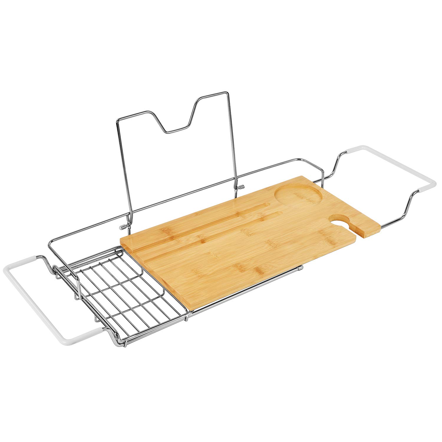 Stainless Steel & Bamboo Bathtub Caddy Tray - Luxury Bathtub Shelf for Books, Candles, Phone Holder | Spa Bath Accessories for Relaxing Bath Time