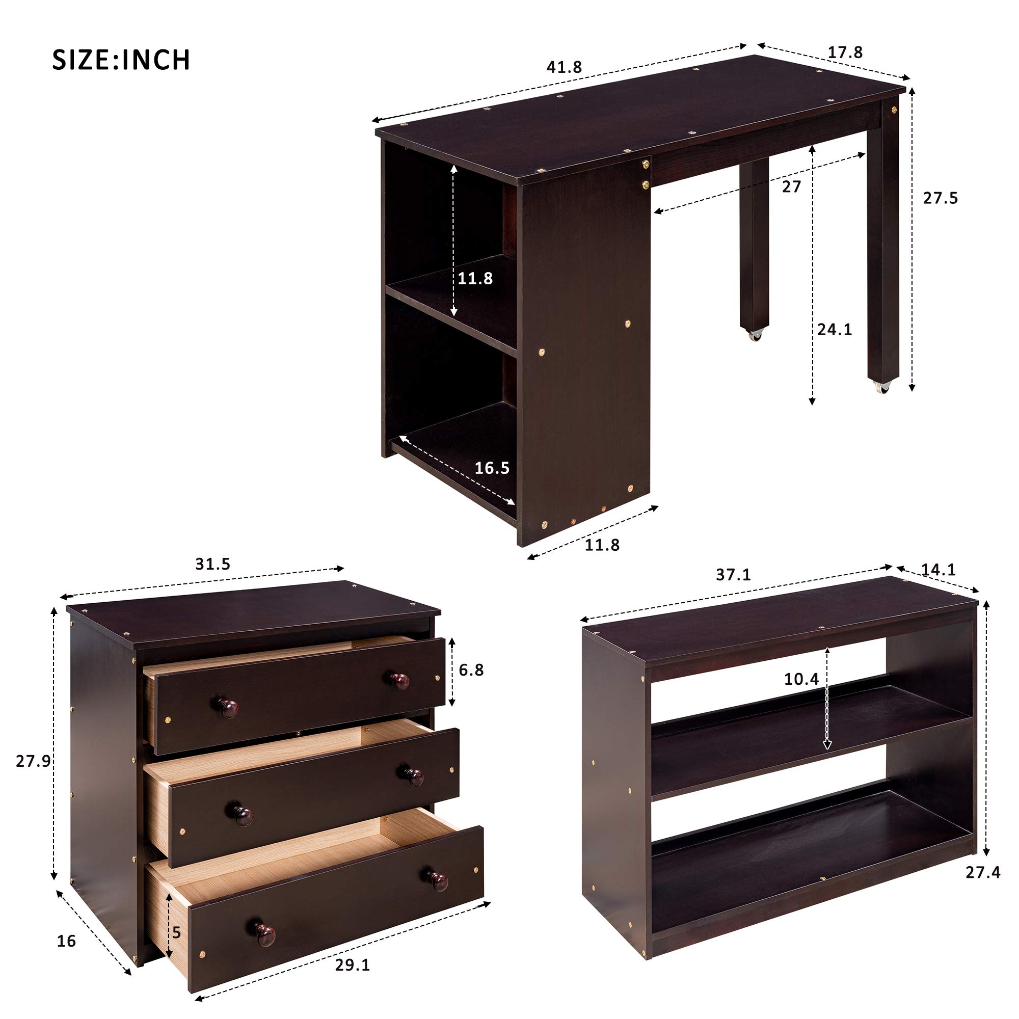 Twin Low Loft Bed with Study Desk - Kids Bed with Rolling Portable Desk, Storage Shelf, Safety Guard Rail & Drawers Cabinet for Bedroom, Dorm Room (Espresso) | Space-Saving Study & Sleep Solution for Small Rooms