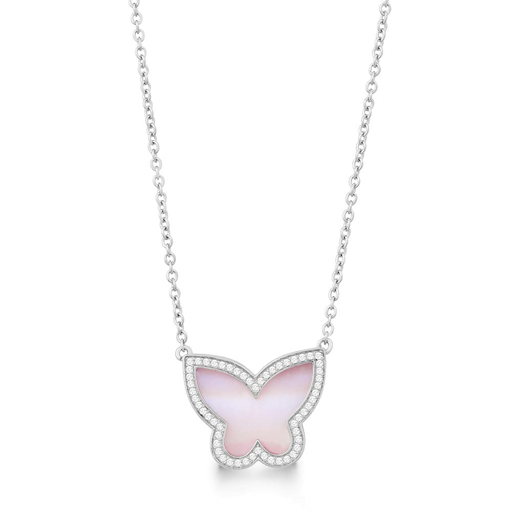 Elegant Sterling Silver Pink Mother of Pearl Butterfly Pendant Necklace with CZ Accents - 18 Inch Chain for Women, Perfect for Valentine's Day Gifts & Special Occasions