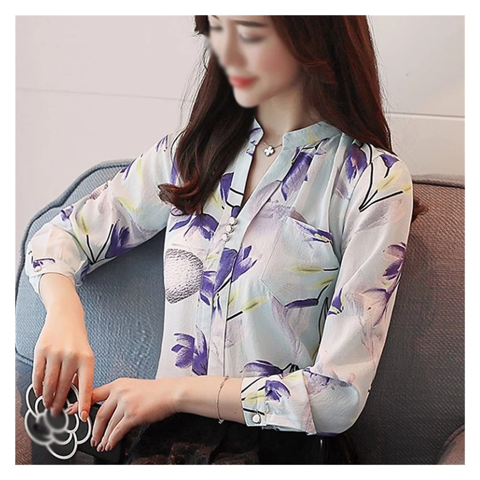 WALNUTA Women's V-Neck Printed Chiffon Blouse - Elegant Long Sleeve Office Shirt for Work & Business | Perfect for Professional Attire, Formal Events & Business Casual Outfits