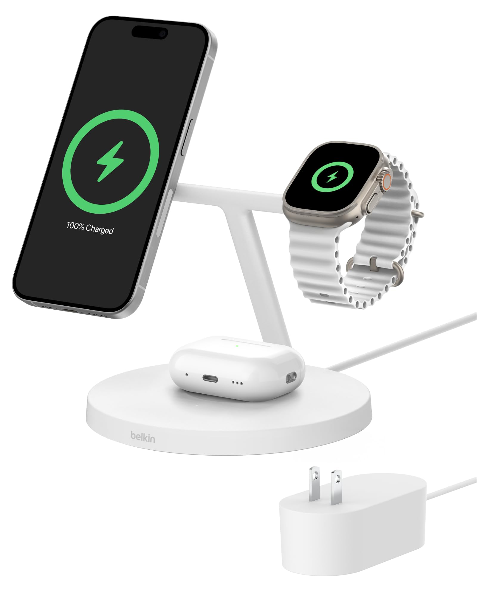 Belkin 3-in-1 MagSafe-Compatible Wireless Charging Station - Qi2-Certified 15W Fast Charger for iPhone 16 Series, Apple Watch & AirPods with Non-Slip Base - Includes 40W Power Adapter (White) | Perfect for Bedside, Office Desk & Travel Charging