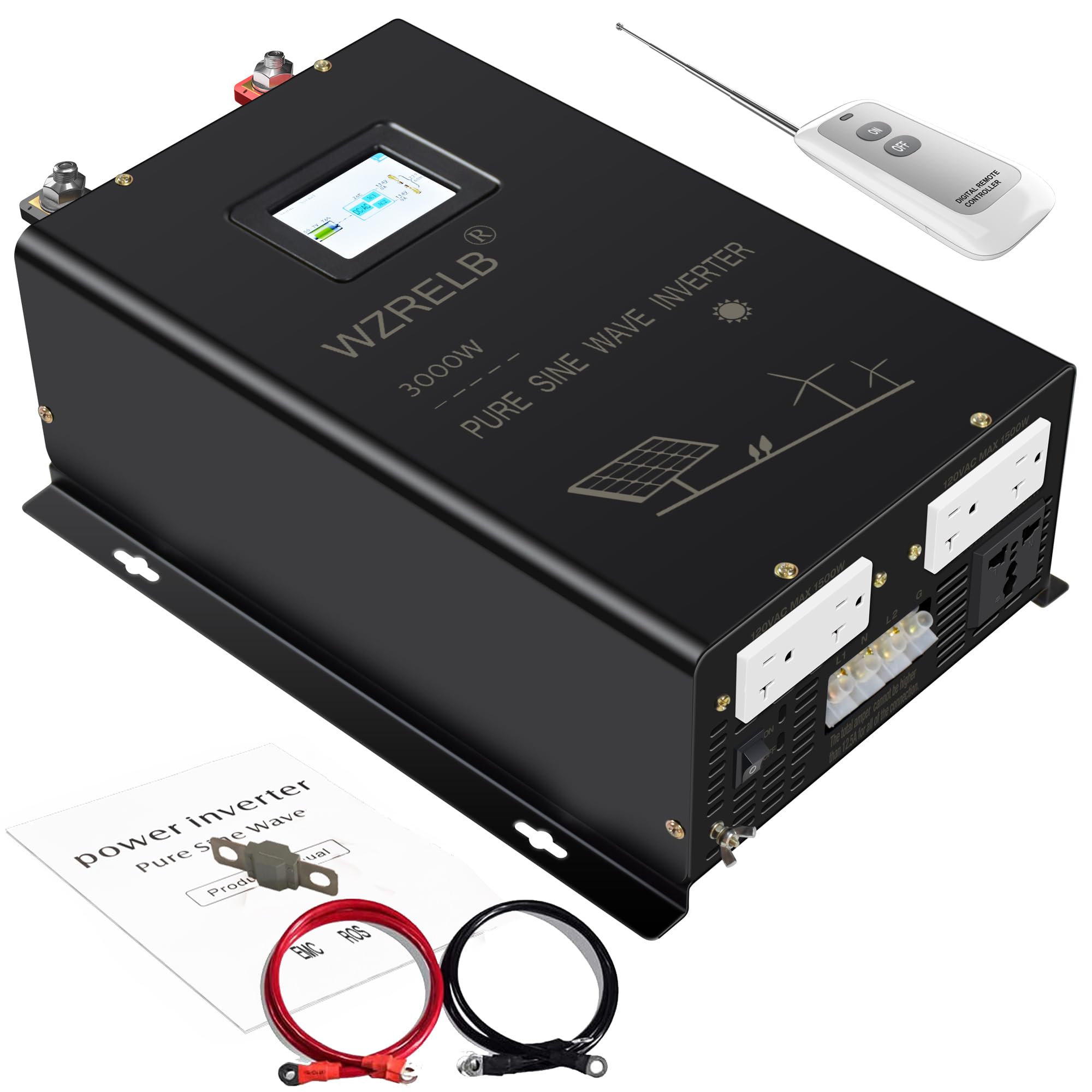 WZRELB 3000W 48V Pure Sine Wave Power Inverter | 48V DC to 120V/240V AC Split Phase Converter | 6KW Surge, 5 Outlets, Hardwire Terminal | 91.6% High Efficiency with Wireless Remote | for RVs, Solar Systems, Off-Grid Power & Emergency Backup