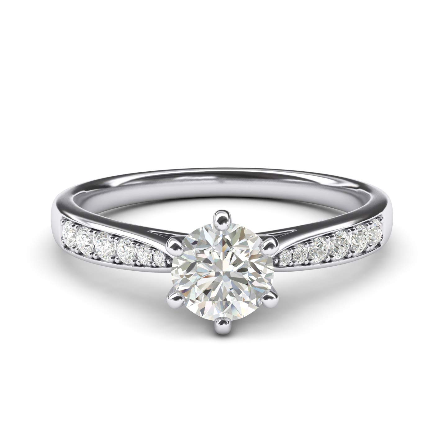 14K White Gold 1.0 CT Simulated Diamond Engagement Ring - 6-Prong Setting with Graduated Side Stones, Classic Bridal Promise Ring for Wedding, Proposal & Anniversary Gifts