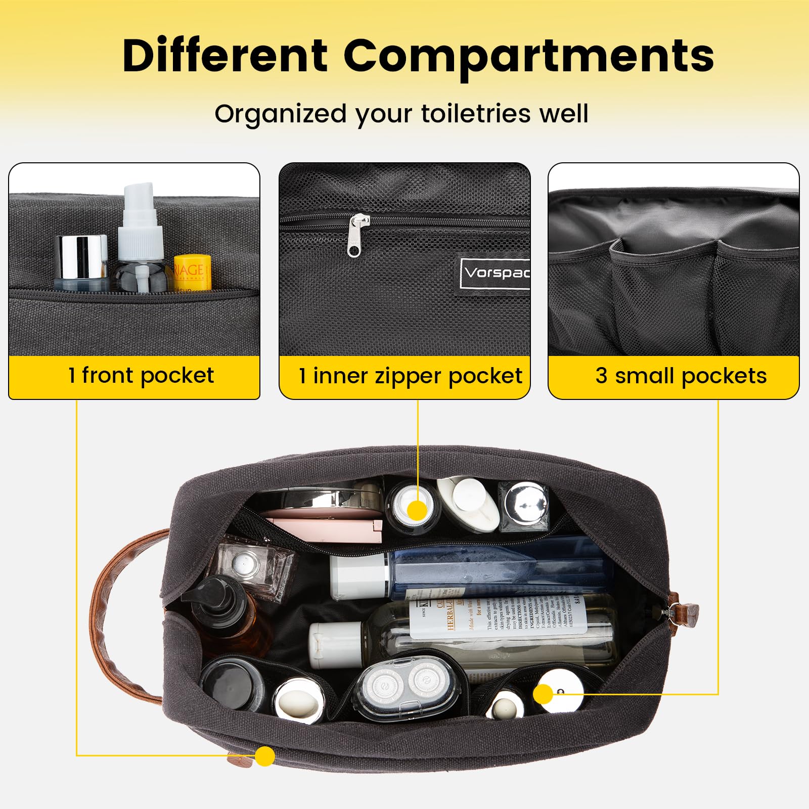 Vorspack Hanging Toiletry Bag for Men - Water Resistant Canvas Dopp Kit with Large Capacity, Travel Shaving Organizer (Dark Grey) - Perfect for Camping, Gym & Business Trips