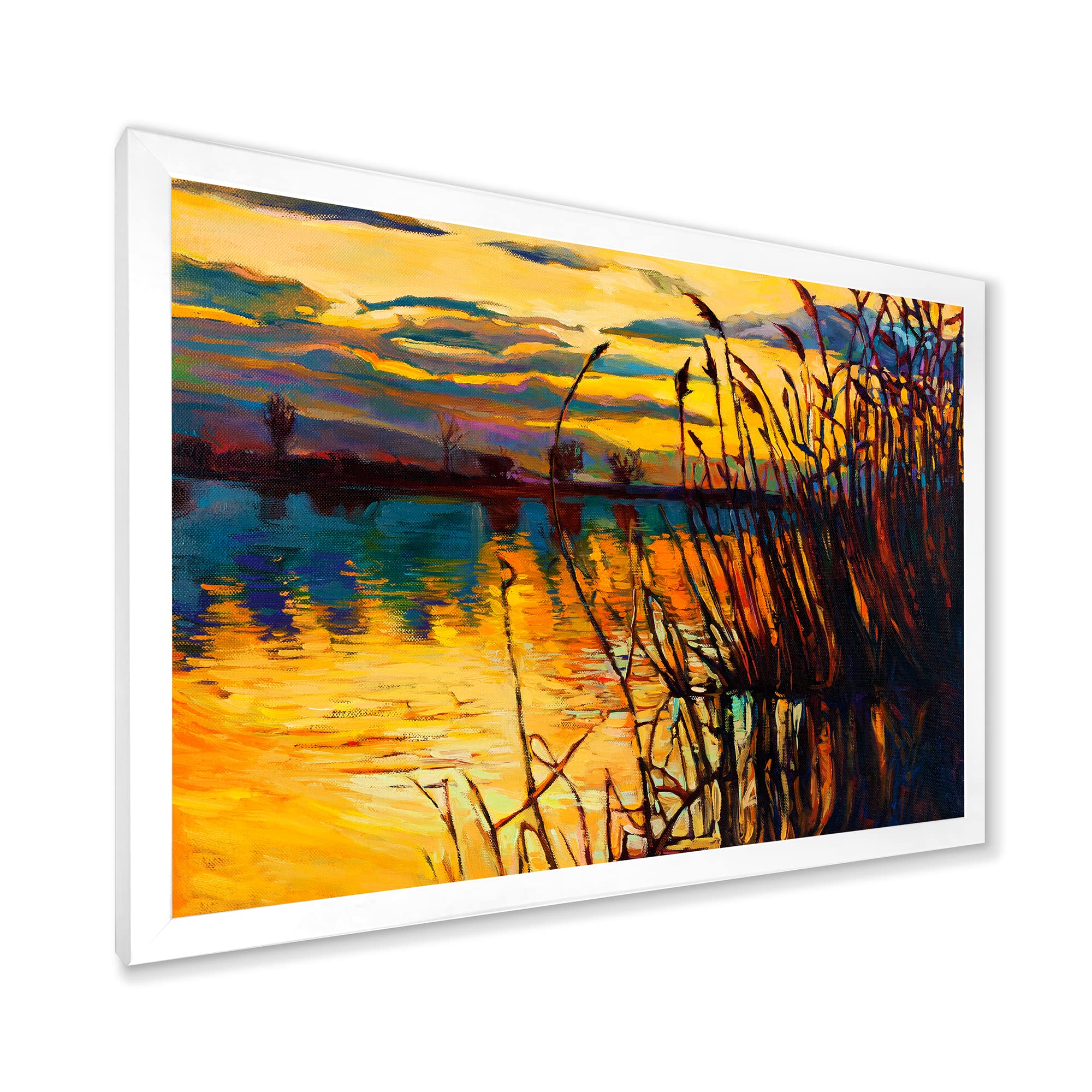 Yellow Sunset Through The High Grass By The Lake - Coastal Framed Wall Art Decor for Living Room, Bedroom & Office - Nautical Landscape Painting for Home & Office Decor
