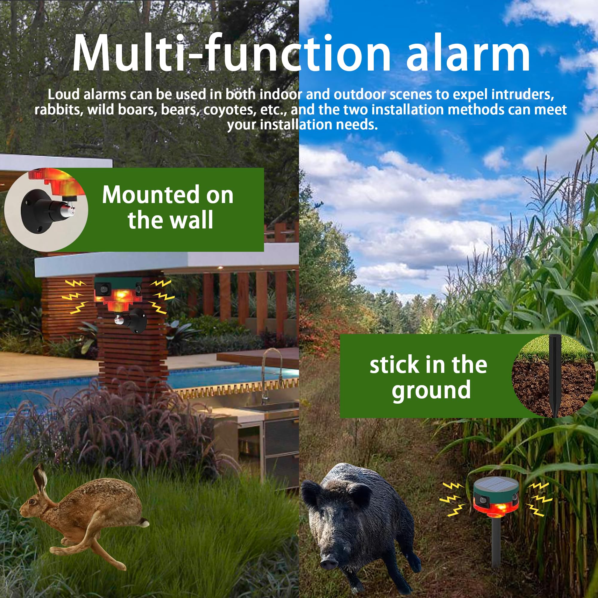 QXMH Solar-Powered Motion Sensor Alarm with 129dB Loud Siren - Dog Barking & Gunshot Sounds, 13 Sound Options, Strobe Light, USB Charging & Recording Function - Ideal for Outdoor Security, Home Protection, and Deterring Intruders