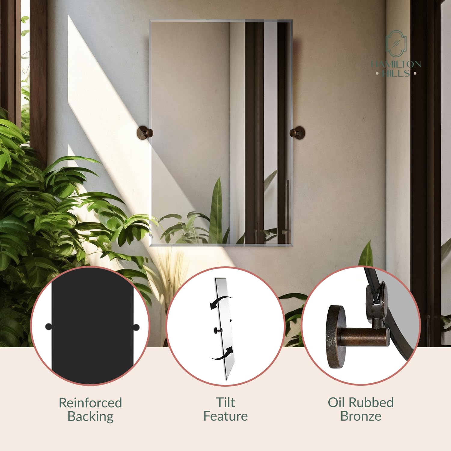 20x30 Inch Frameless Pivot Mirror for Bathroom with Oil Rubbed Bronze Brackets - Rectangular Tilting Wall Mounted Vanity Mirror - Hangs Horizontally & Vertically - Perfect for Farmhouse, Modern & Traditional Bathroom Decor