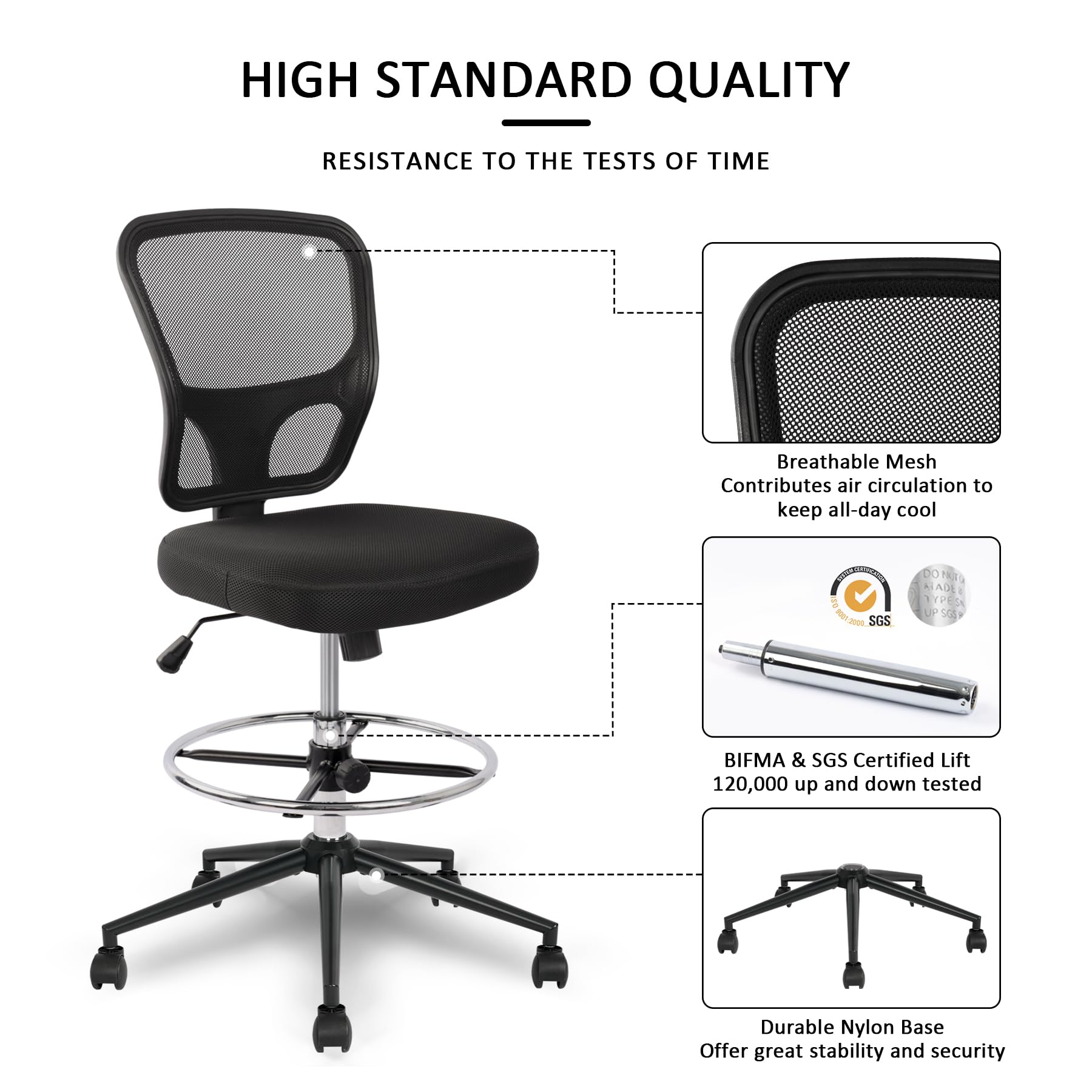 Ergonomic Armless Drafting Chair - Adjustable Height High Back Office Chair with Footrest & Wheels - Perfect for Architects, Designers & Home Office Workspaces