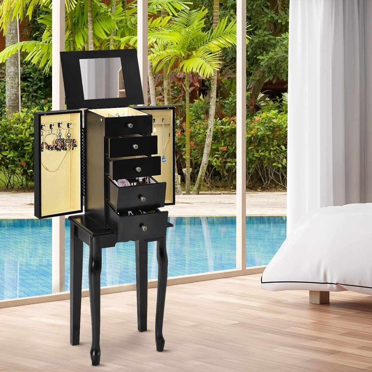 **LUARANE Jewelry Cabinet Armoire - 4 Drawers, 8 Necklace Hooks & Flip Top Mirror - Free Standing Jewelry Storage Organizer with 2 Side Swing Doors - Black - Perfect for Bedroom, Closet, or Dressing Room Organization**