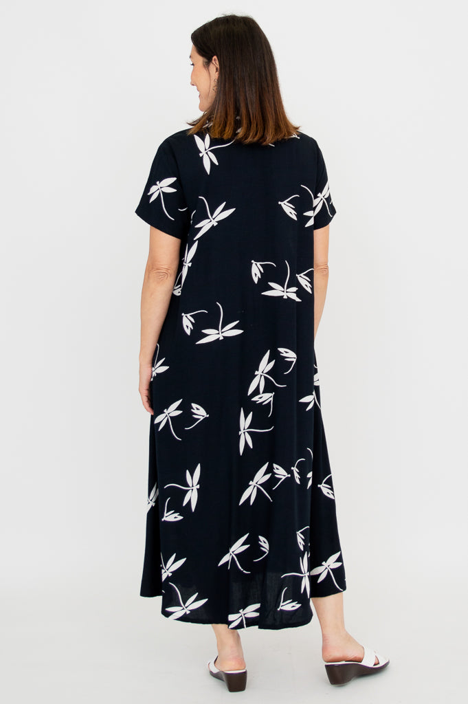 Cissy Short Sleeve Summer Dress with Black & White Dragonfly Print - Perfect for Casual Outings, Beach Vacations, and Summer Parties