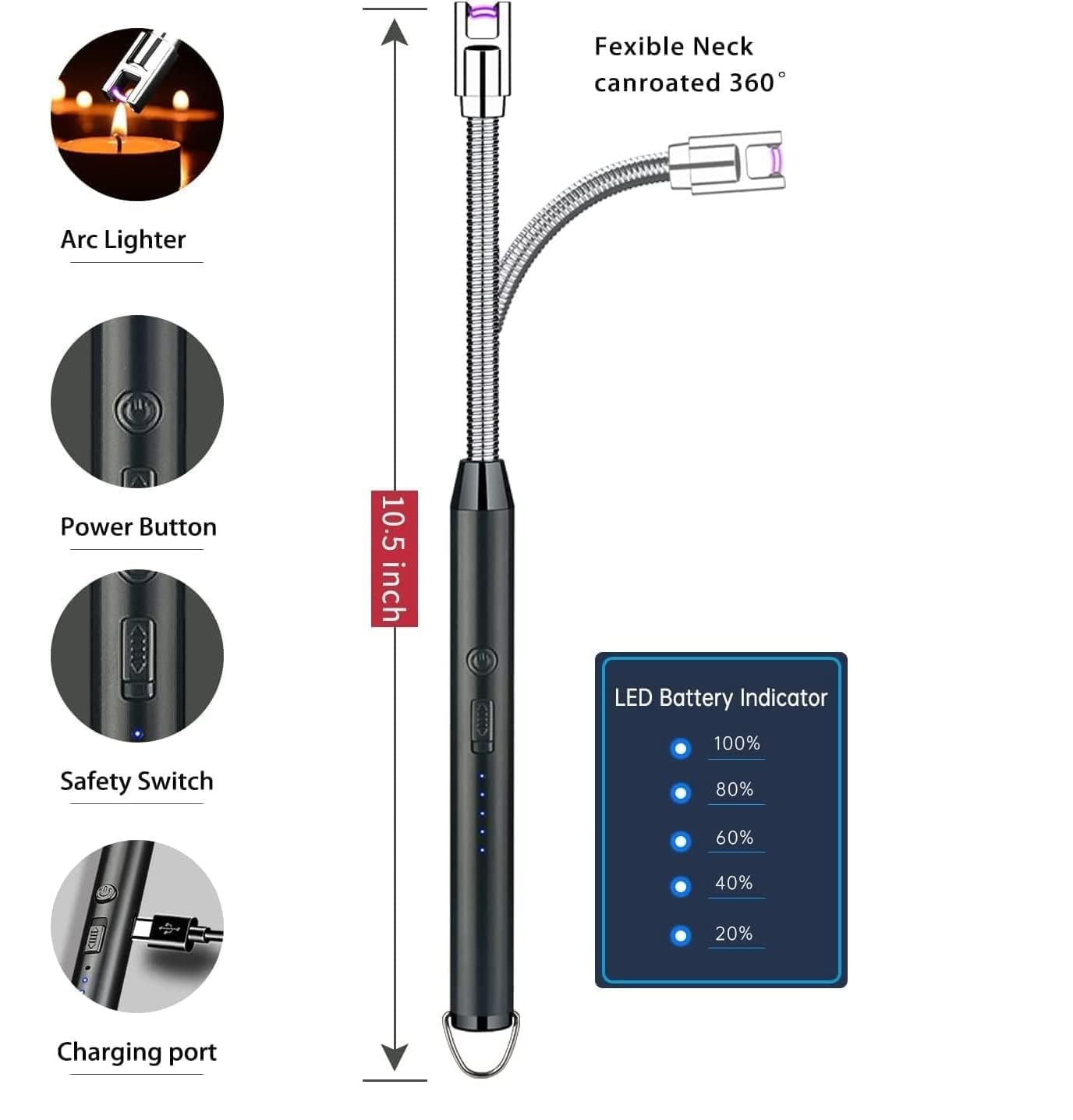 ZODZE USB Rechargeable Plasma Lighter - Windproof 360° Flexible Arc Lighter for Kitchen, Candles, BBQ, Camping & Home Use (Multicolor) | Perfect for Lighting Stoves, Candles, Bonfires & More