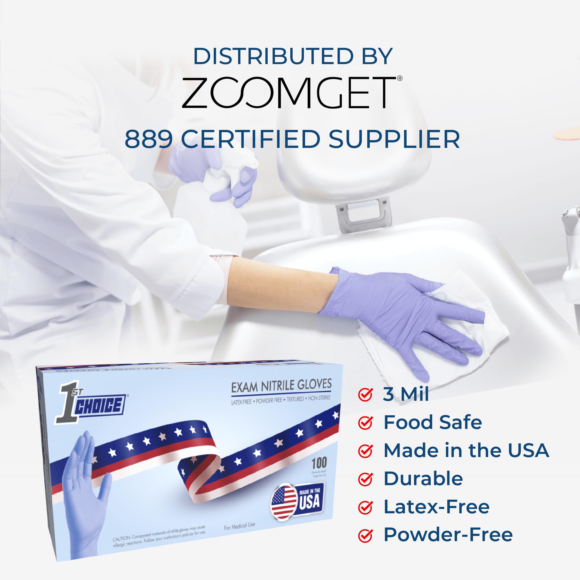 1st Choice 3 Mil Blue Indigo Nitrile Disposable Exam Gloves - TAA Compliant, Made in USA - Perfect for Medical, Dental, Laboratory & Food Handling Safety