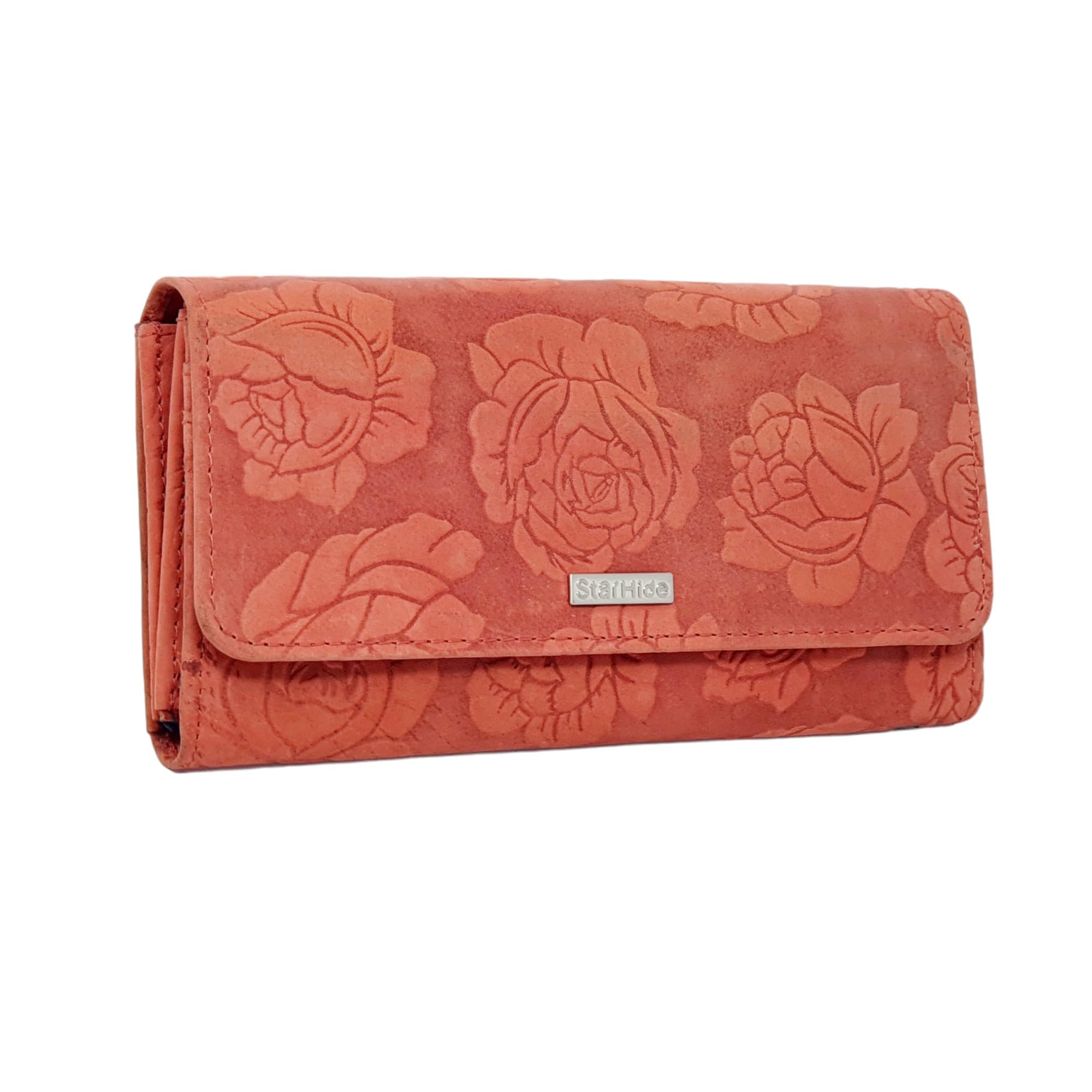 Women's Genuine Leather RFID Blocking Wallet - Floral Embossed Crossbody Purse with Zipper Pocket for Credit Cards, Coins & Phone | Stylish Ladies Handbag for Work, Travel & Everyday Use (Red)