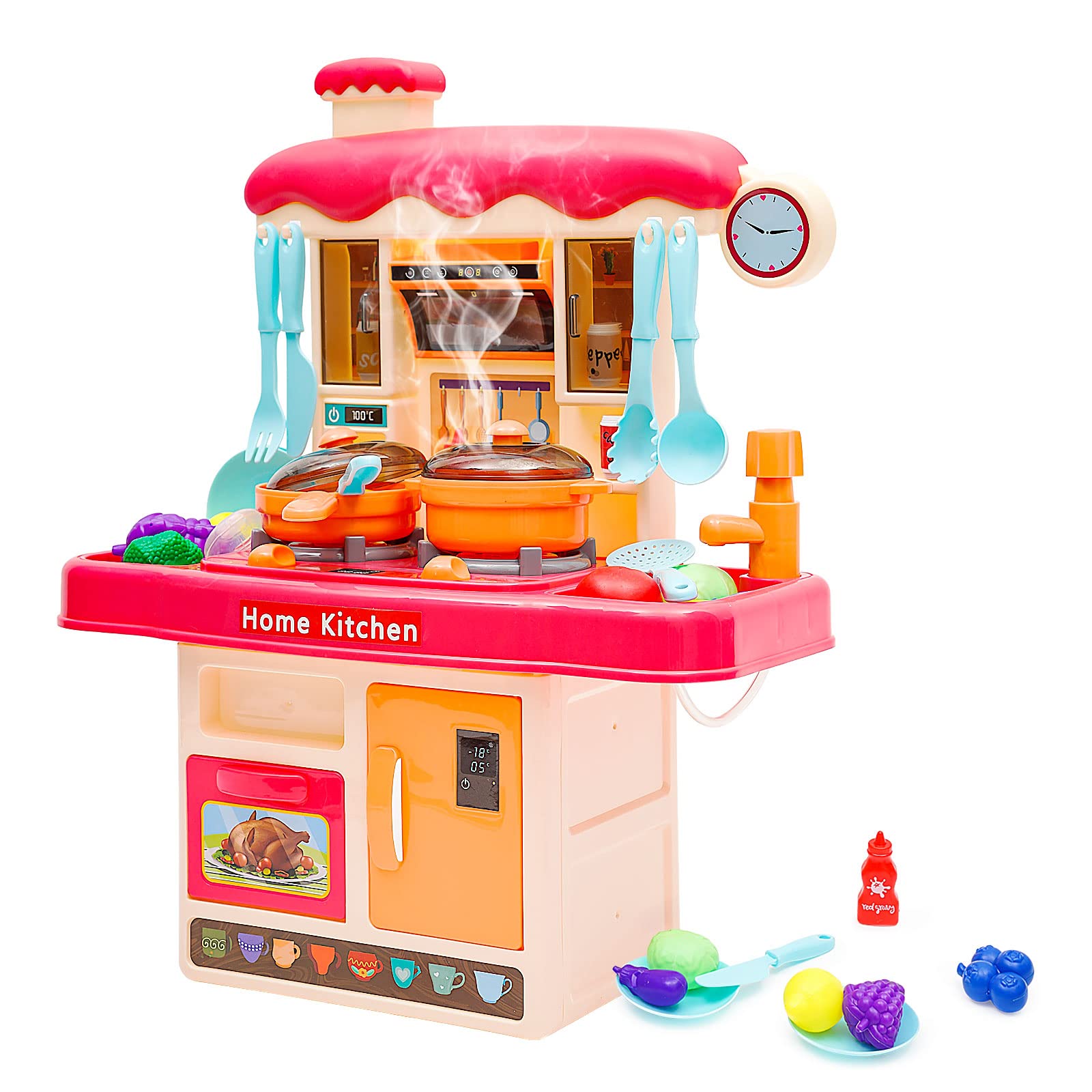 Kids Kitchen Playset - Realistic Pretend Play Kitchen Toy for Toddlers & Girls with Lights, Sounds, Spray & Running Water Simulation - Perfect for Home, Preschool & Birthday Gifts