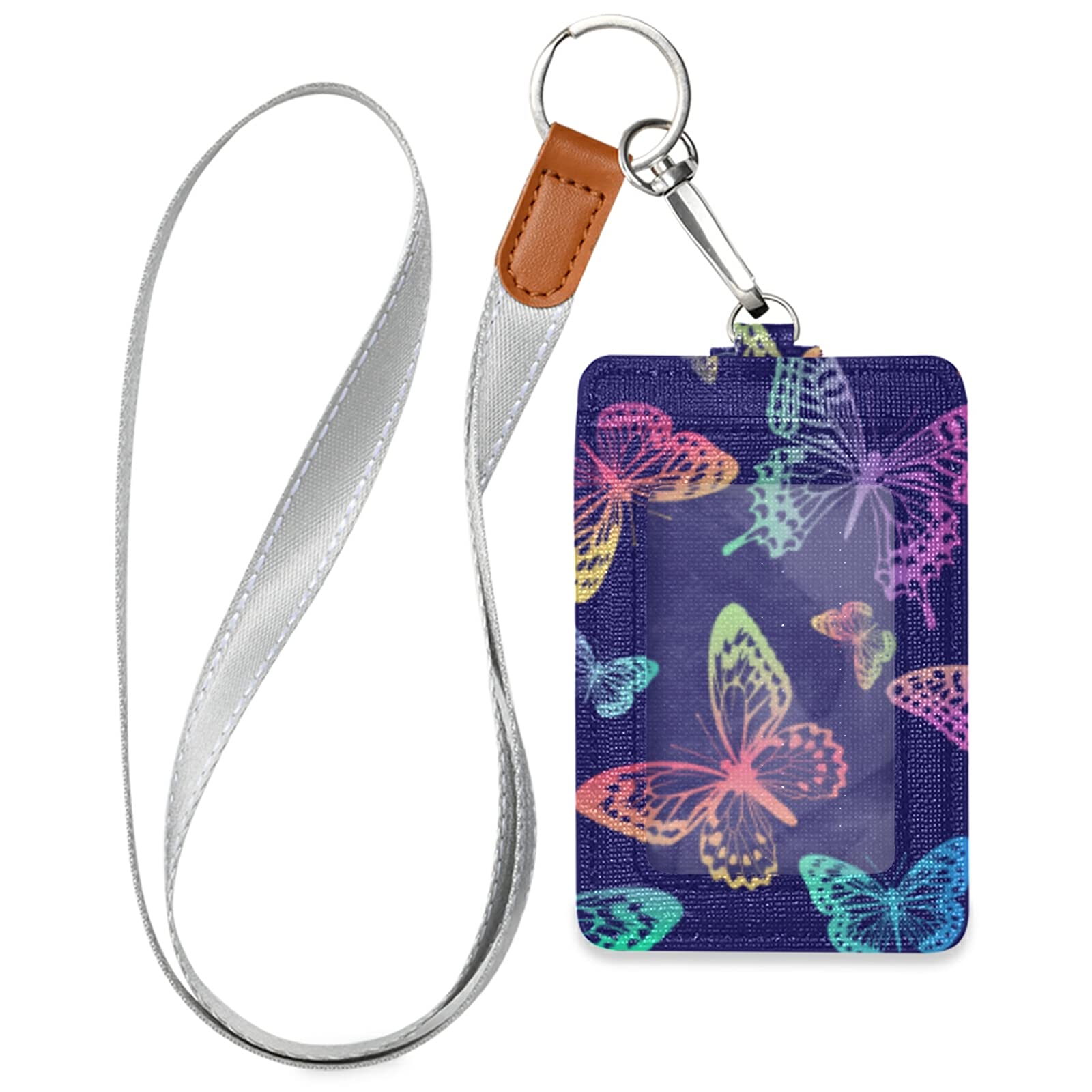 Rainbow Butterflies ID Badge Holder - Vertical Leather with Lanyard for Office & School Staff