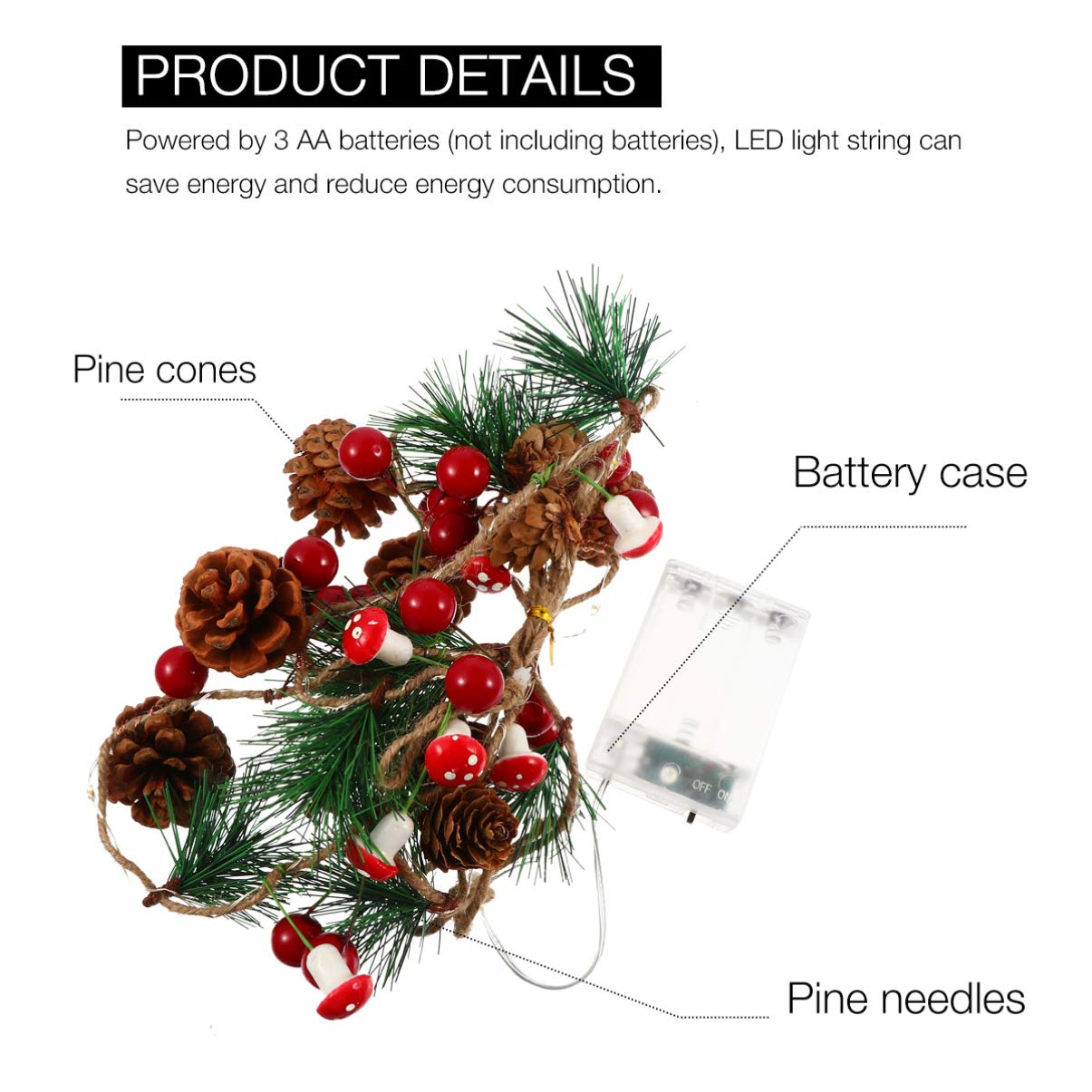 SOLUSTRE 1 Pack Fairy Christmas Lights Garland - 10ft LED Pinecone String Lights with Copper Wire, Warm White Battery Operated for Holiday Tree Decor, Bedroom, Wedding, Party & Outdoor Lighting