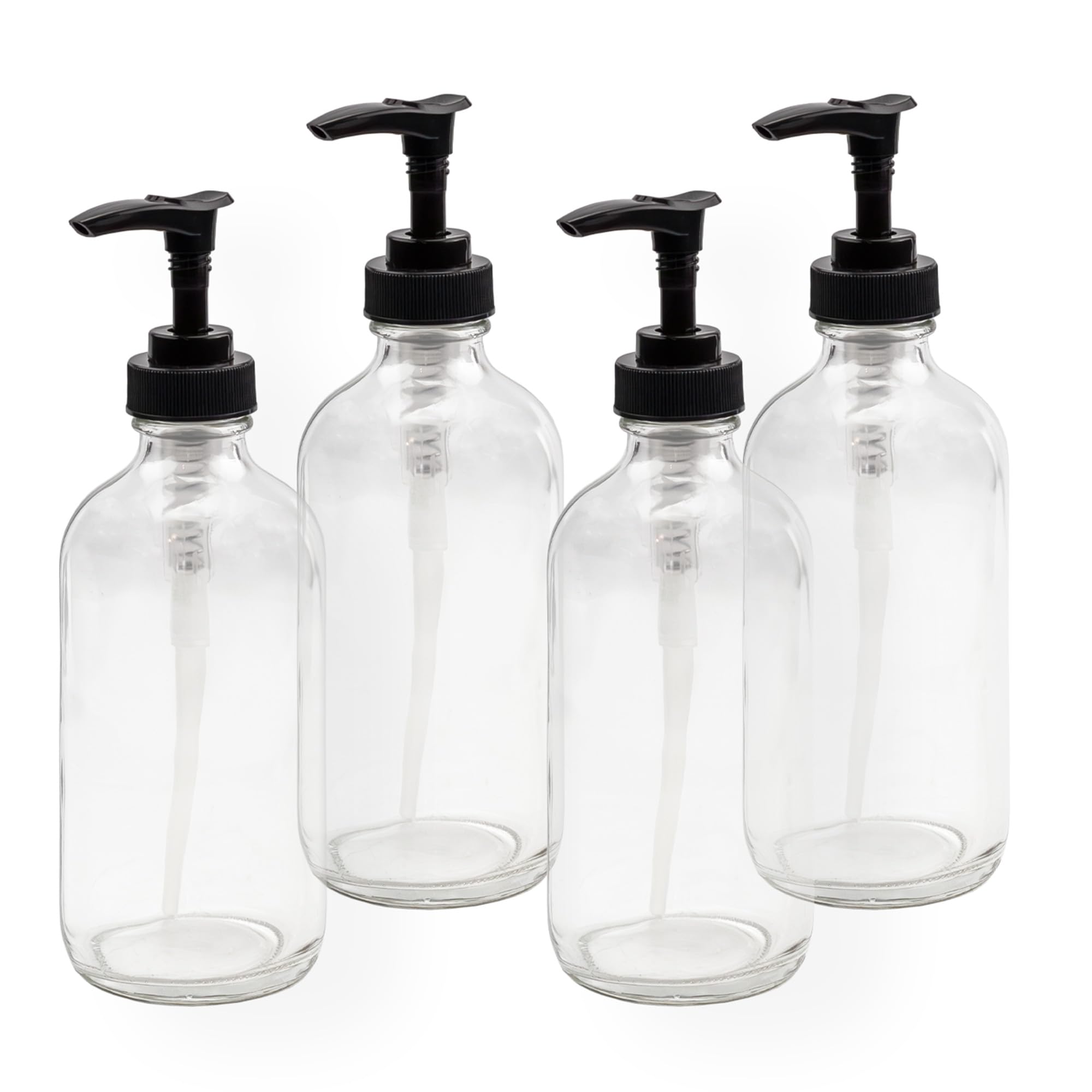 Premium 8oz Clear Glass Pump Bottles (4-Pack with Black Plastic Pumps) - Essential Oil Dispensers, Lotion Containers, Soap Bottles for Bathroom, Kitchen & Home Decor | Durable Leak-Proof Design