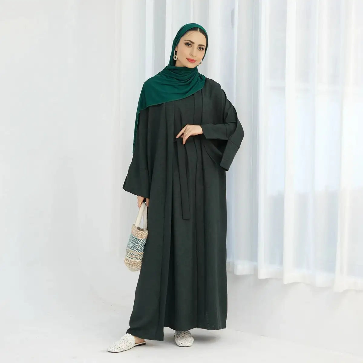 Modest Fashion 2 Piece Open Abaya Dress Set with Inner Sleeveless Dress - Islamic Prayer Outfit for Women, Eid & Special Occasions