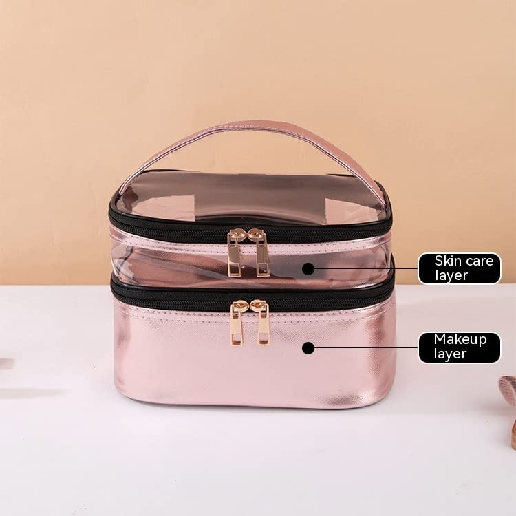 Leather Double Layer Large Makeup Organizer Bag for Women - Travel Toiletry & Cosmetic Case with Clear Compartments (Diamond Green) | Perfect for Travel, Dorm Room Essentials & Daily Beauty Storage
