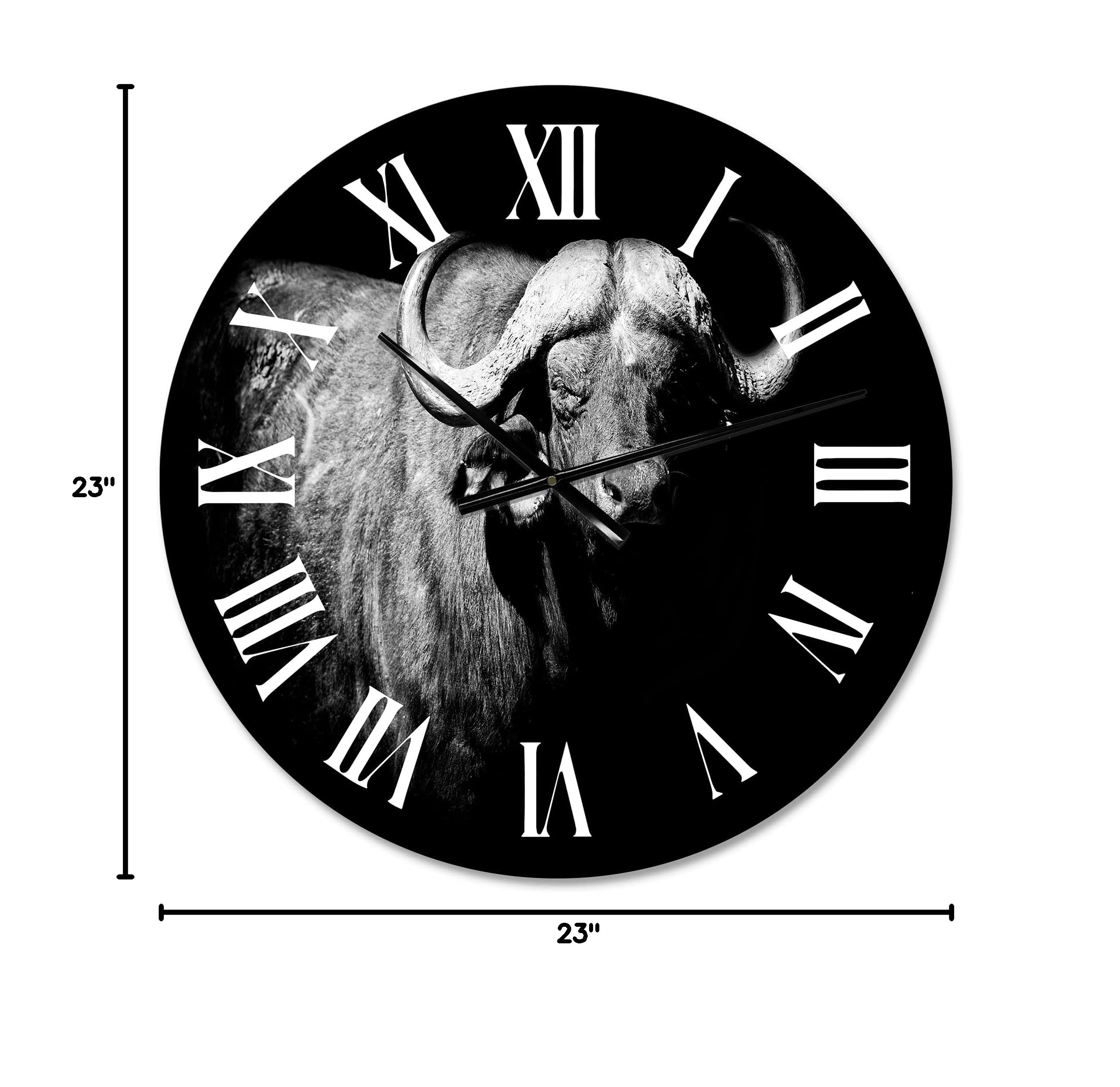DesignQ Farmhouse Wall Clock - Monochrome Buffalo Portrait I - Large Animal Wall Clock for Bedroom, Living Room, Kitchen Decor - Rustic Home & Office Wall Art