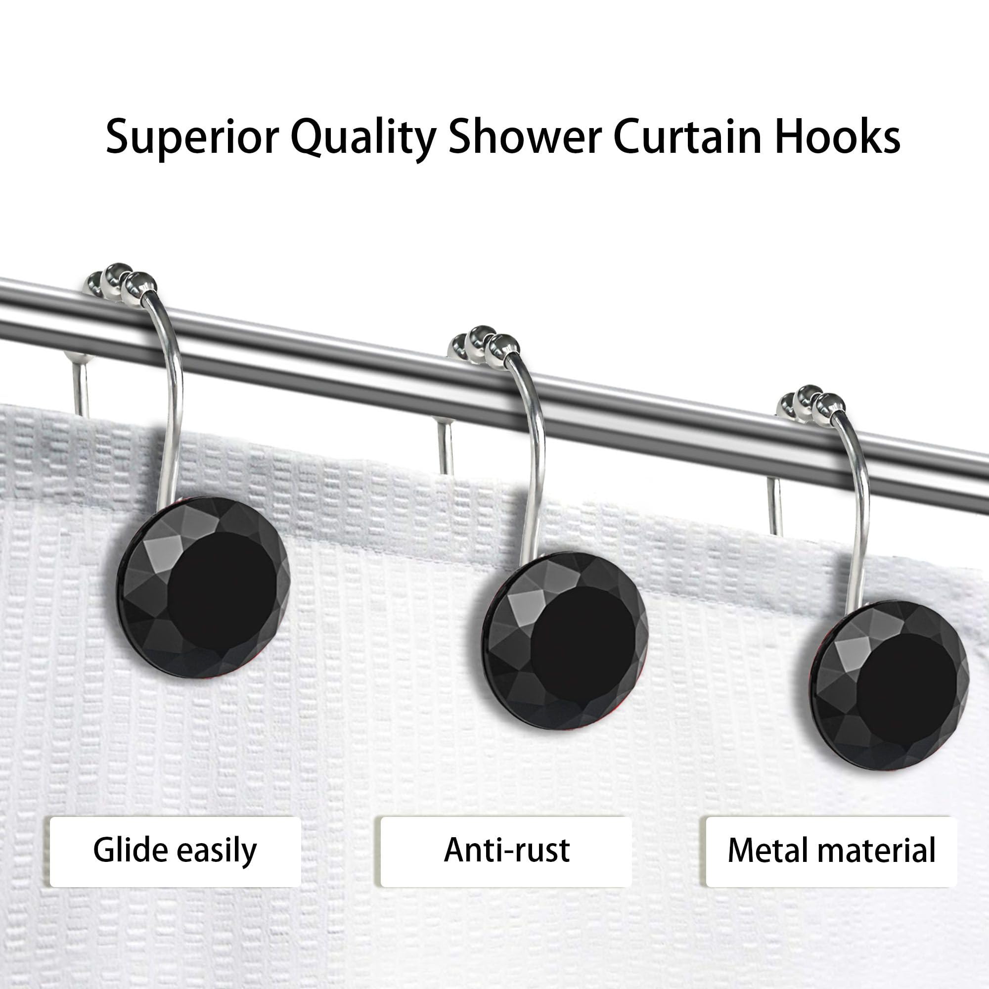 12-Pack Black Crystal Diamond Shower Curtain Hooks - Rustproof Stainless Steel Rings with Rhinestone Decor for Bathroom | Elegant Bling Glam Accessories for Home Spa, Luxury Hotel, and Wedding Decor
