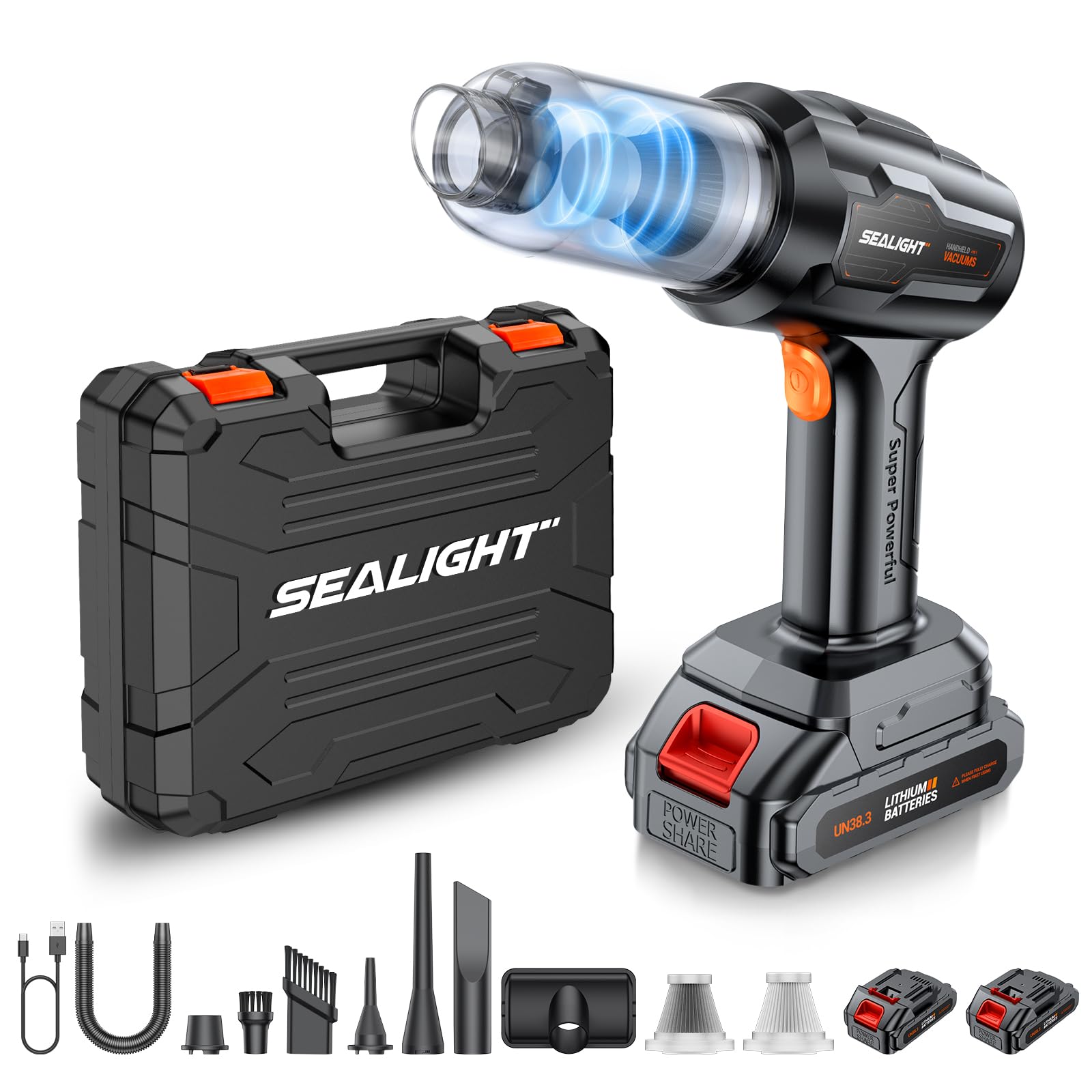 SEALIGHT 21000Pa High Power Cordless Car Vacuum Cleaner - 18V/120W Handheld Vacuum with 2 Long-Lasting Batteries for Car, Home, and Pet Hair Cleaning | Perfect for Car Detailing, Upholstery, and Small Spaces