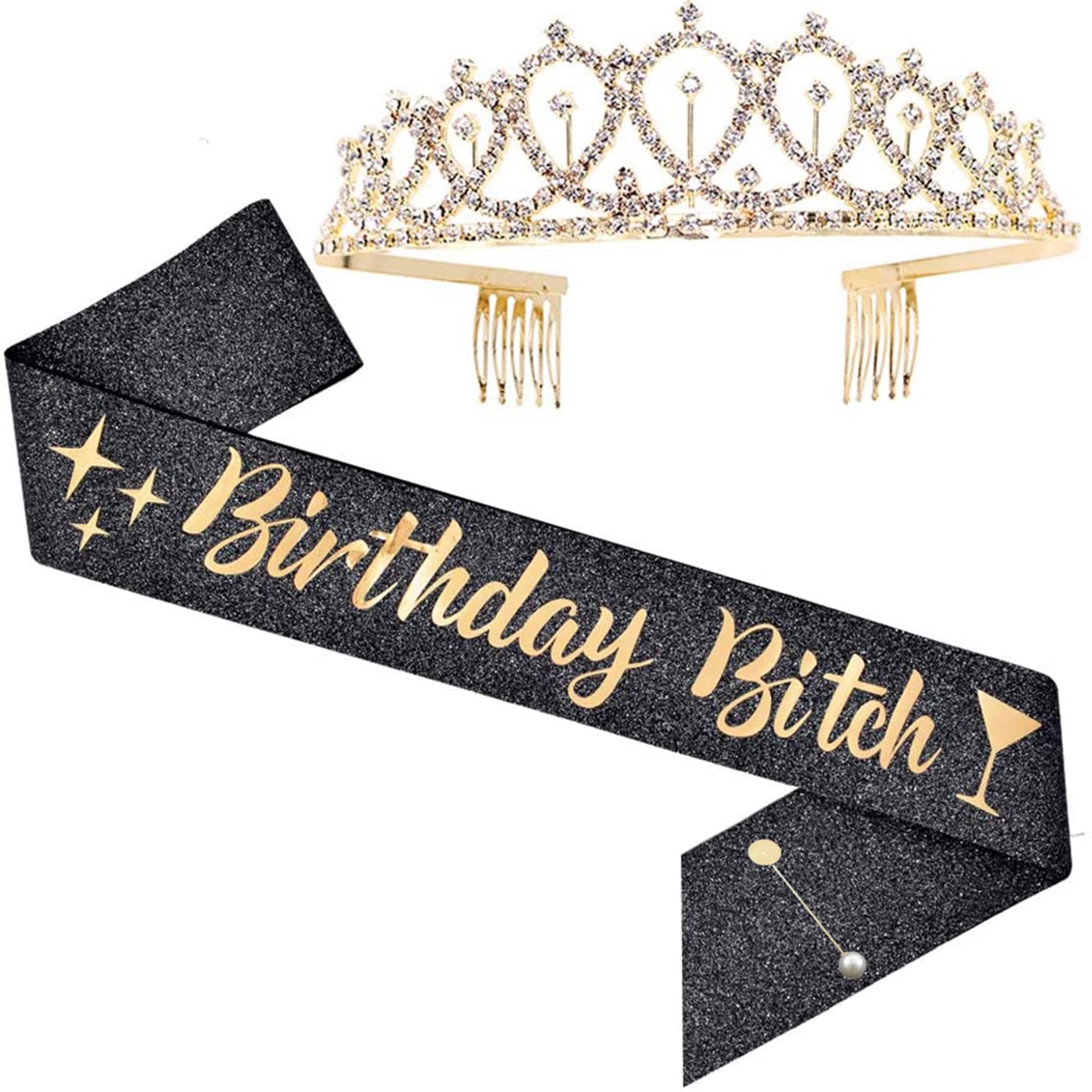 Birthday Bitch Sash with Crown Tiara - Black Glitter Party Supplies Kit for Women | Bachelorette, Birthday Celebrations & Girls Night Out