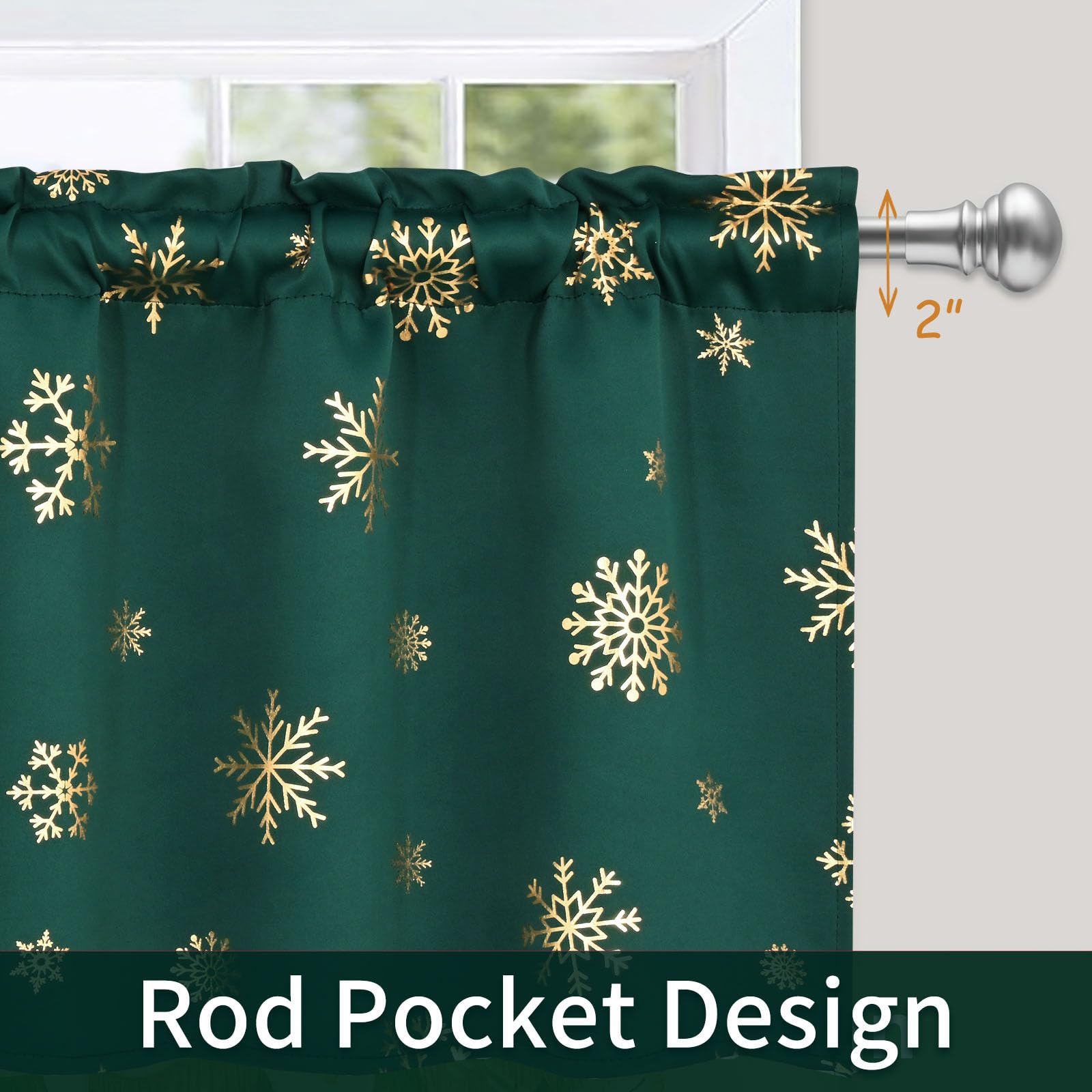 FRAMICS Gold Snowflake Foil Print Christmas Tier Curtains - 36 Inch Length Green Kitchen Curtains with Rod Pocket, 26