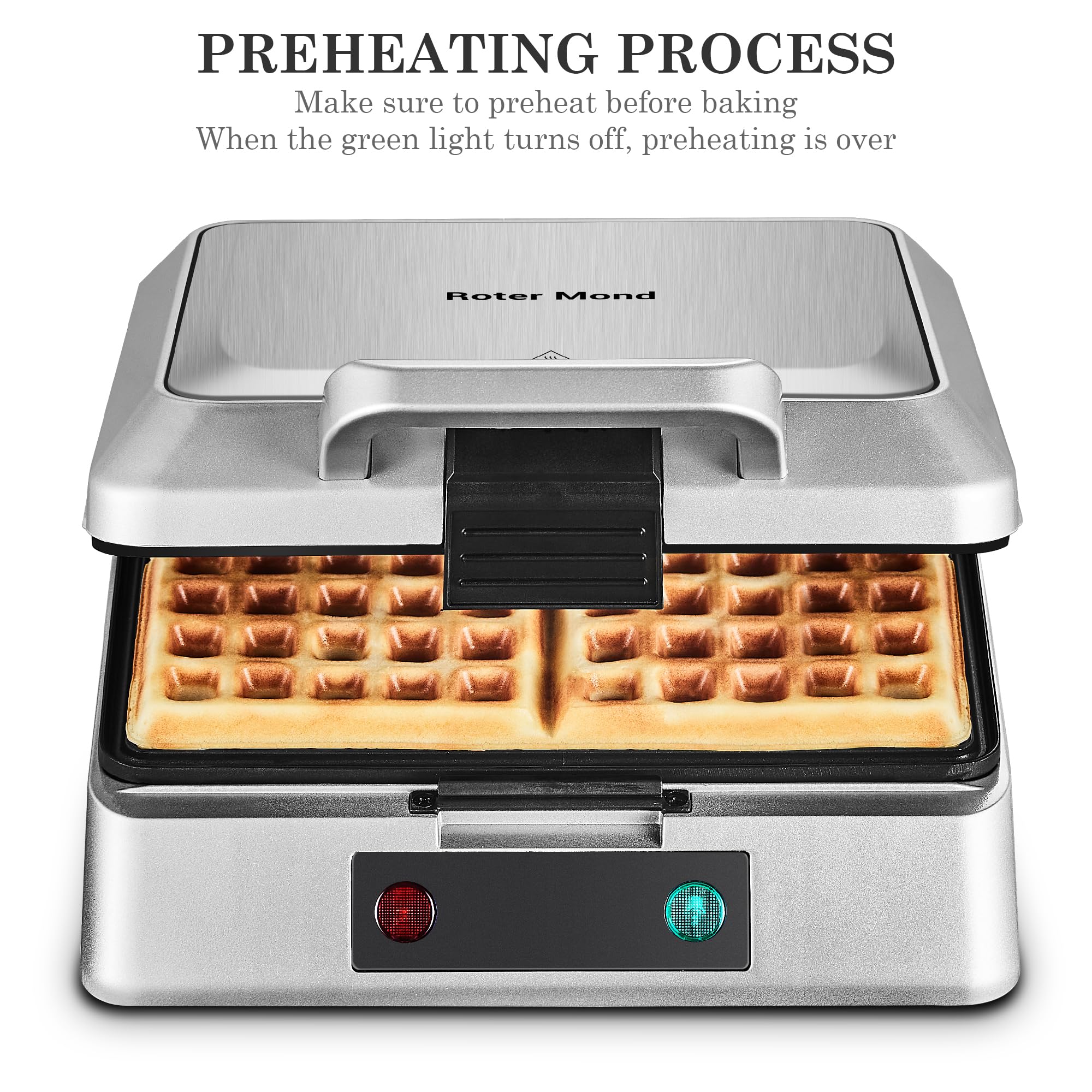 Roter Mond Belgian Waffle Maker - 4 Slice Stainless Steel Waffle Iron with Non-Stick Surface, 1300W, Silver | Perfect for Family Breakfast, Easy to Clean & Space-Saving Storage | Ideal for Home, Brunch Parties & Holiday Gatherings