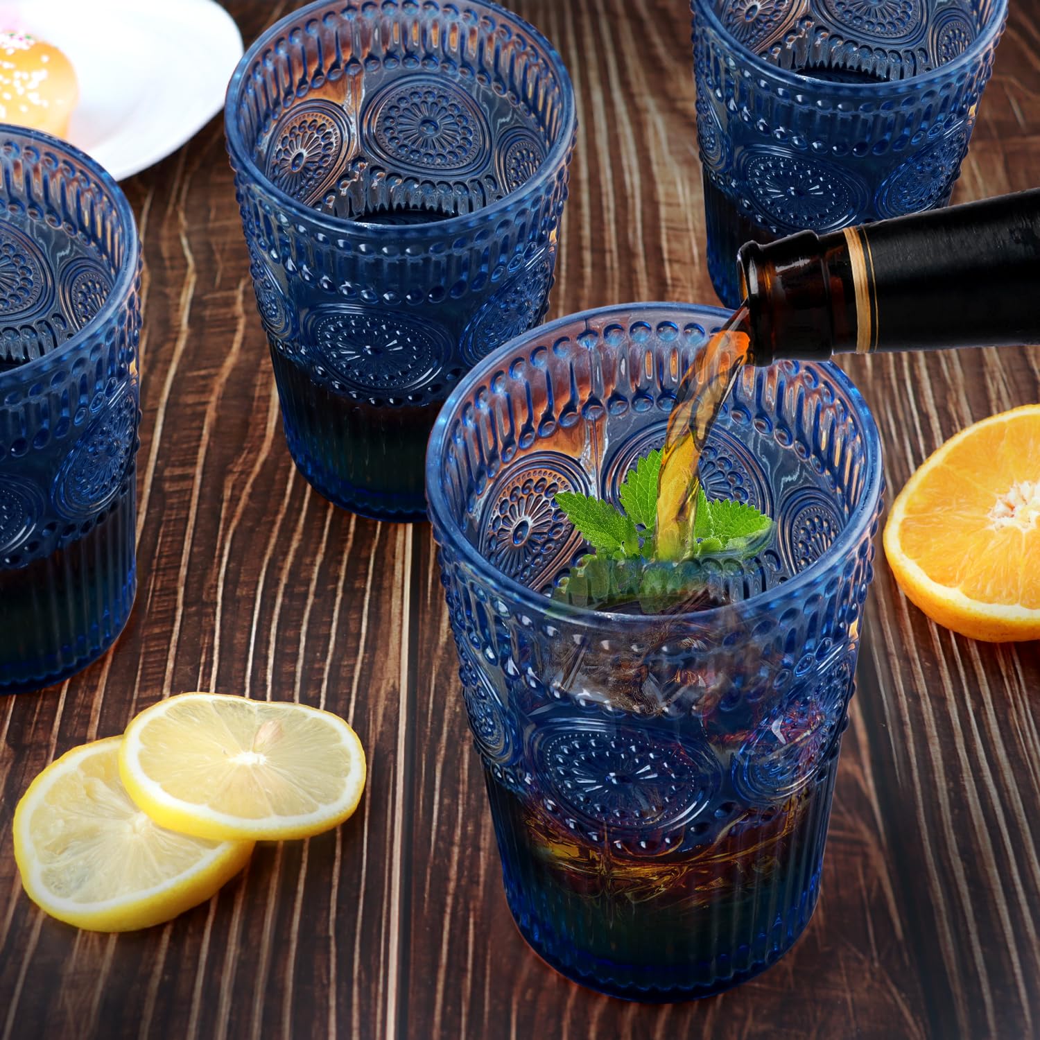 Vintage Drinking Glasses Set of 6 - 12 oz Blue Highball Glasses with Embossed Ribbed Design - Perfect for Cocktails, Water, Juice, Coffee & Whiskey - Ideal for Home Bars, Parties & Gifts