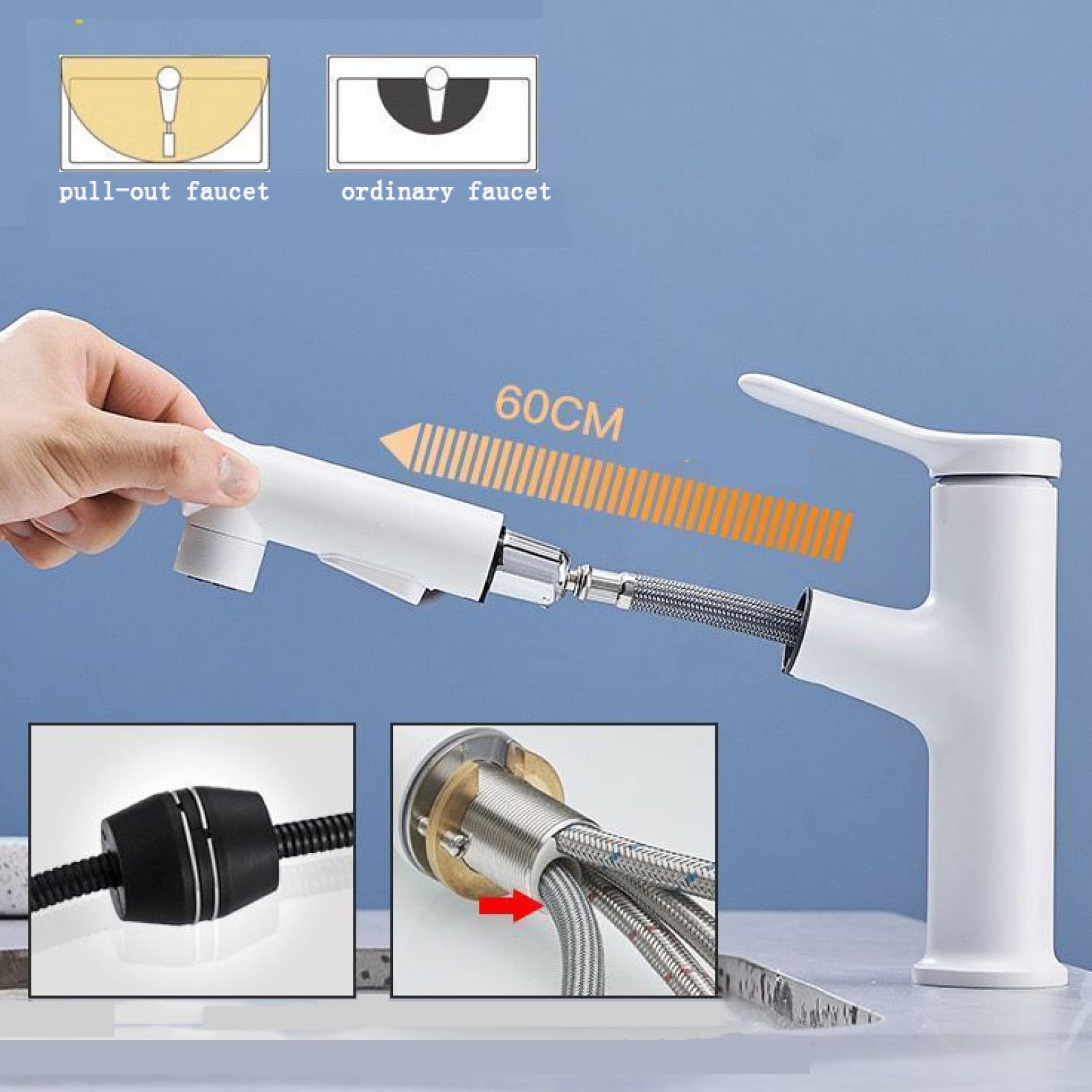 PHKO Removable Single Hole Brass Faucet with 3 Spray Modes - Extendable Hot & Cold Water Mixer Tap for Bathroom Sink, White - Perfect for Modern Bathrooms, Vanities & Home Renovations (Commemoration Day Special)
