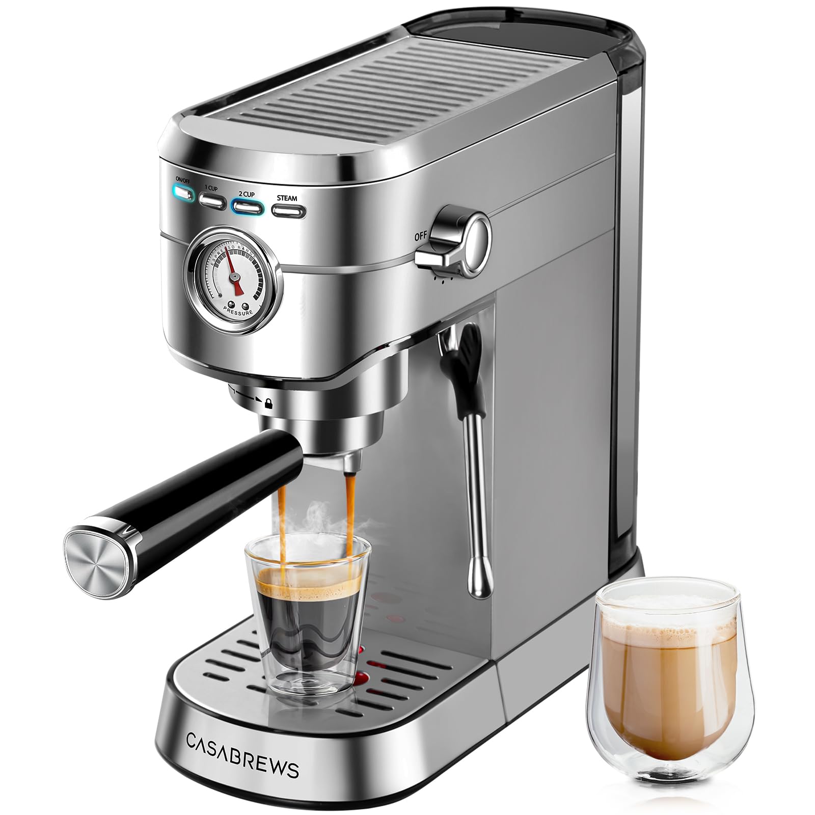 CASABREWS 20 Bar Espresso Machine - Compact Coffee Maker with 34oz Water Tank, Professional Cappuccino & Latte Maker with Milk Frother, Stainless Steel for Home Barista - Perfect for Kitchen, Office & Small Spaces
